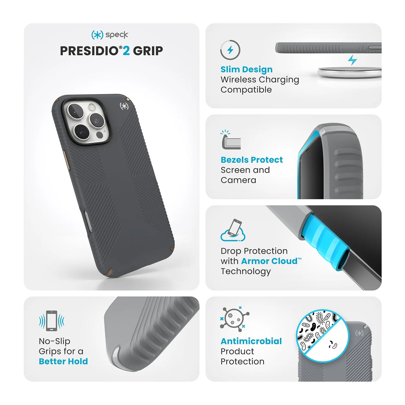 Speck Presidio2 Grip telefontok. Szürke, texturált markolattal, karcsú kialakítással és antimikrobiális védelemmel.