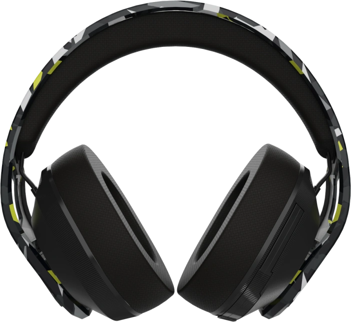 Over-Ear-Kopfhörer mit schwarz-grauem Tarnmuster auf schwarzem Hintergrund.
