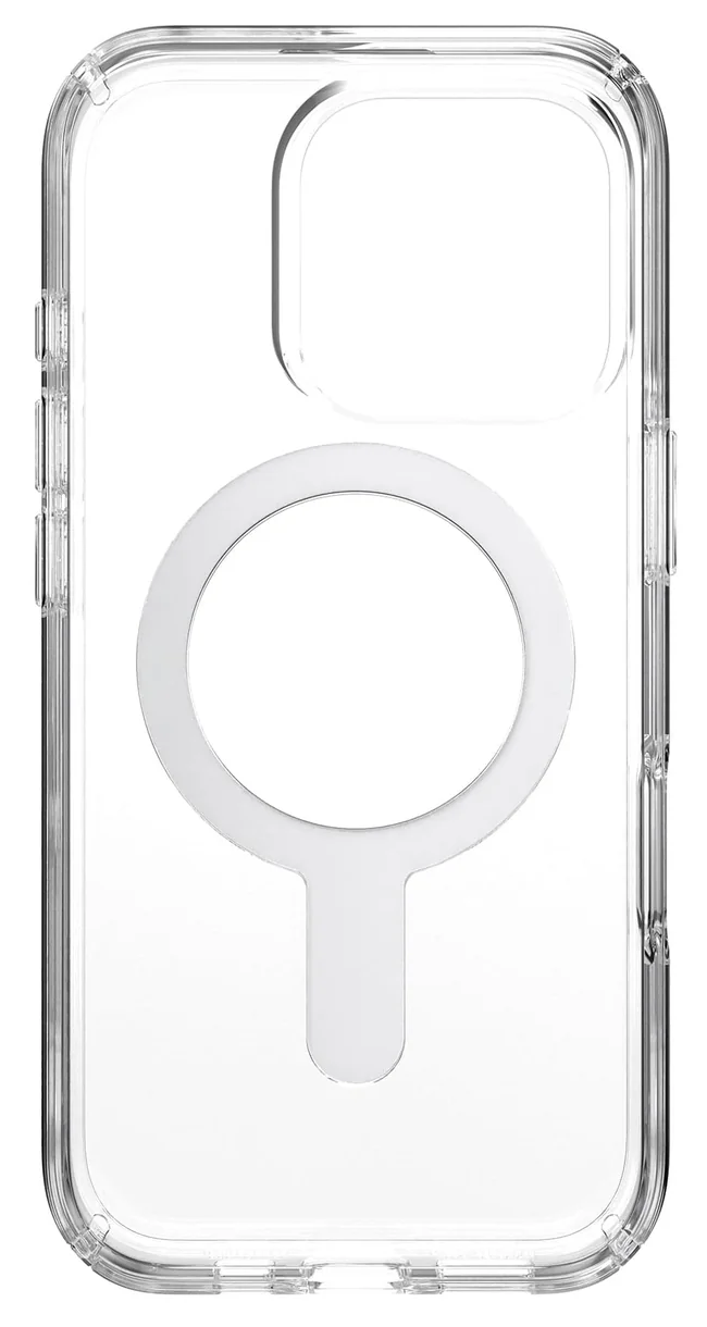 Átlátszó telefontok, a telefon hátulját mutatja, kör alakú MagSafe gyűrűvel.