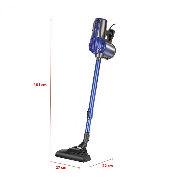 Niebieski i srebrny odkurzacz bezprzewodowy. Wymiary na białym tle. Produkt jest pochylony.