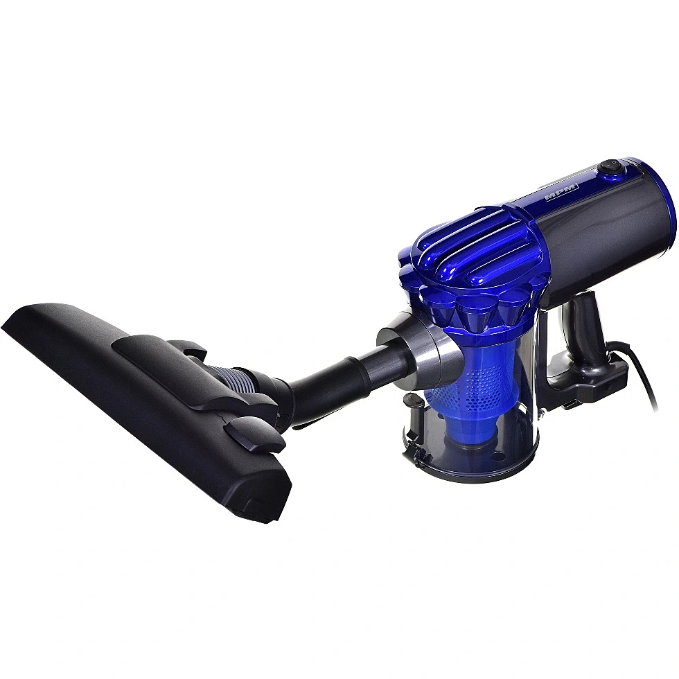 Niebiesko-czarny odkurzacz bezprzewodowy na białym tle.