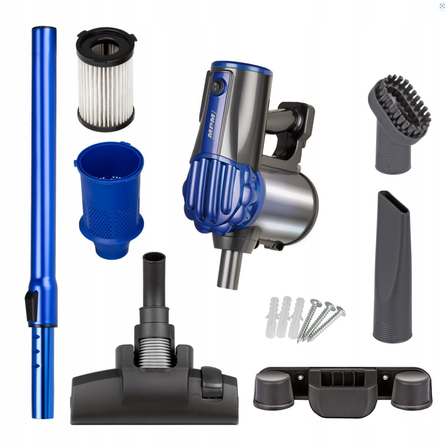 Części odkurzacza. Niebieskie, srebrne i czarne elementy.