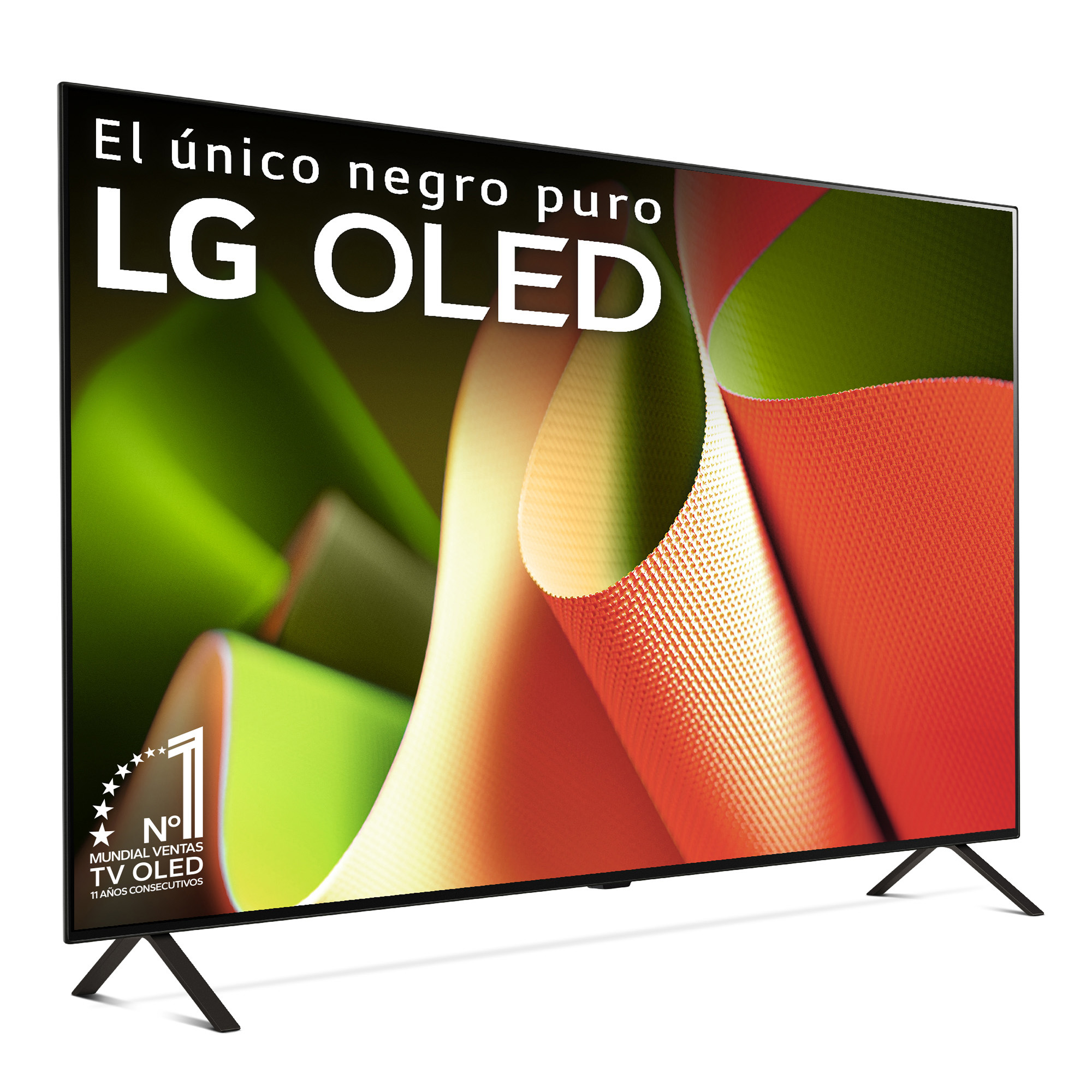 TV moderno con pantalla negra, sobre patas negras, mostrando texto sobre tecnología OLED.