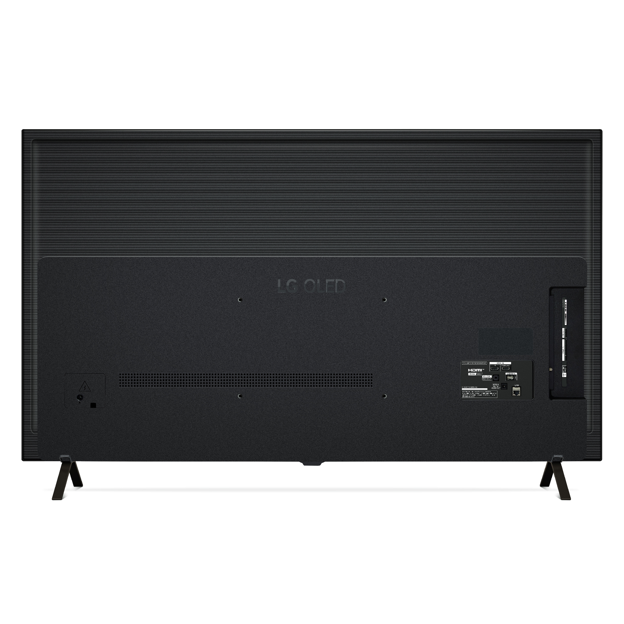 Vista trasera de un televisor OLED LG negro con puertos y soportes visibles, fondo negro.