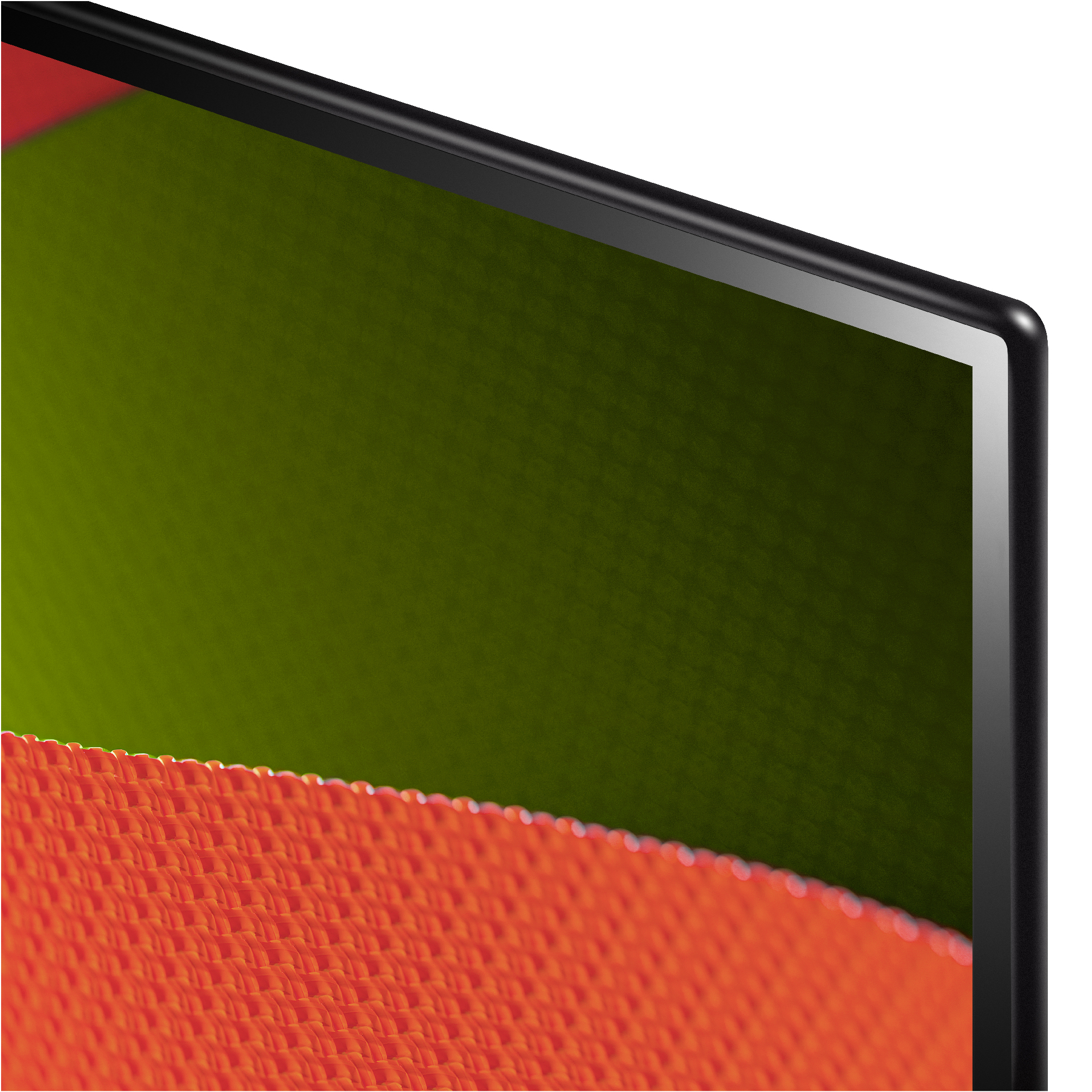Primer plano de una esquina de TV que muestra un marco negro y colores naranja y verde.