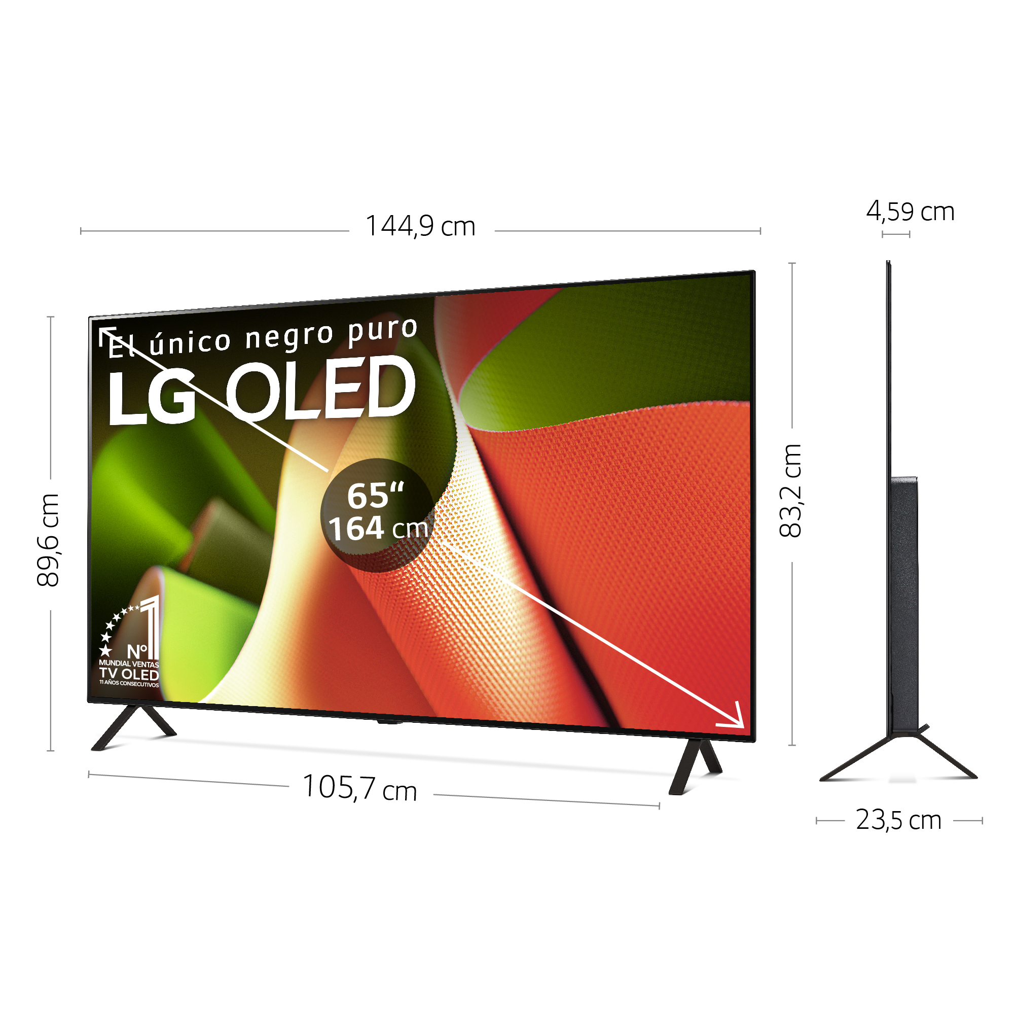 Un televisor LG OLED grande, con dimensiones en cm. La pantalla muestra un patrón rojo y naranja.
