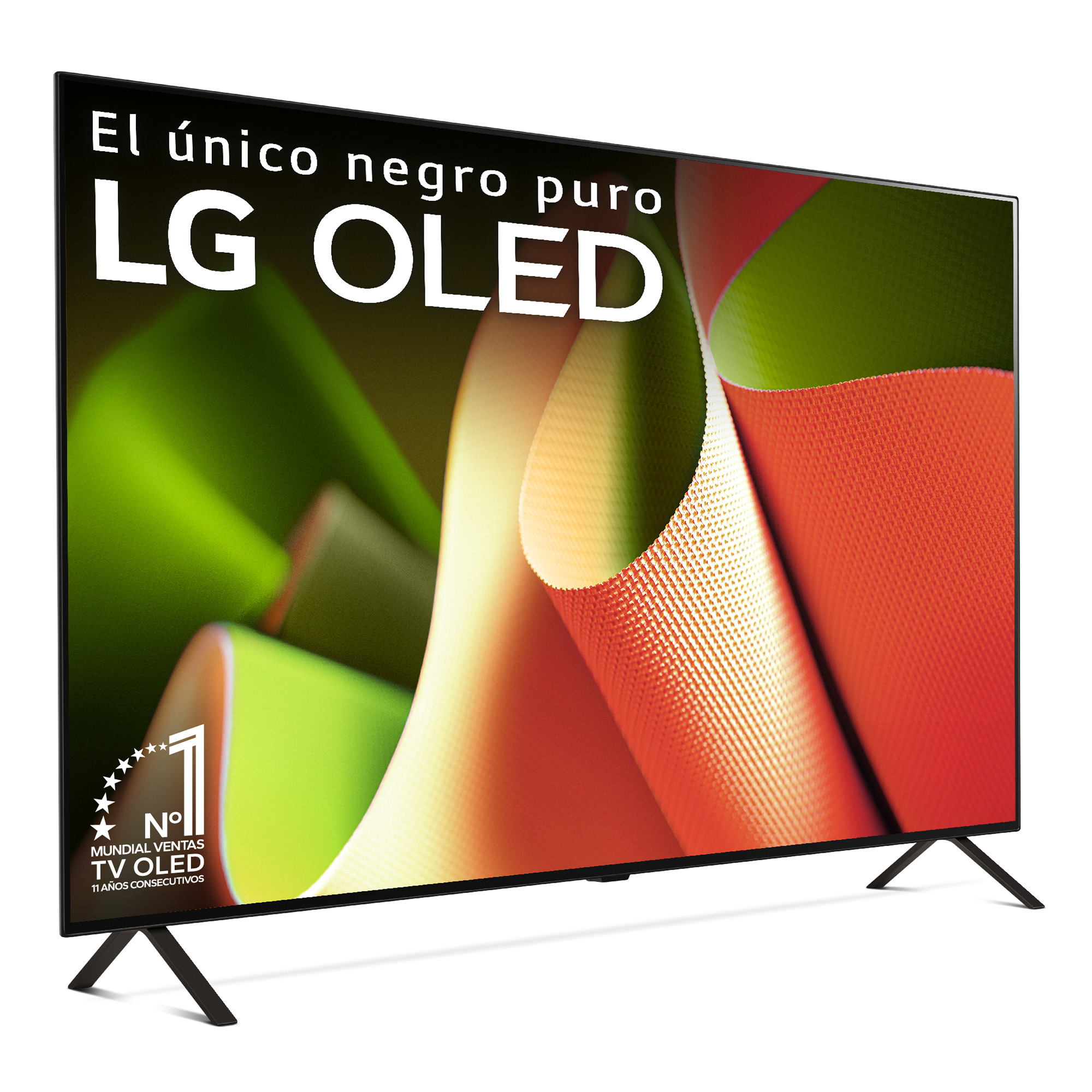 Un televisor LG OLED negro, encendido con su pantalla mostrando.