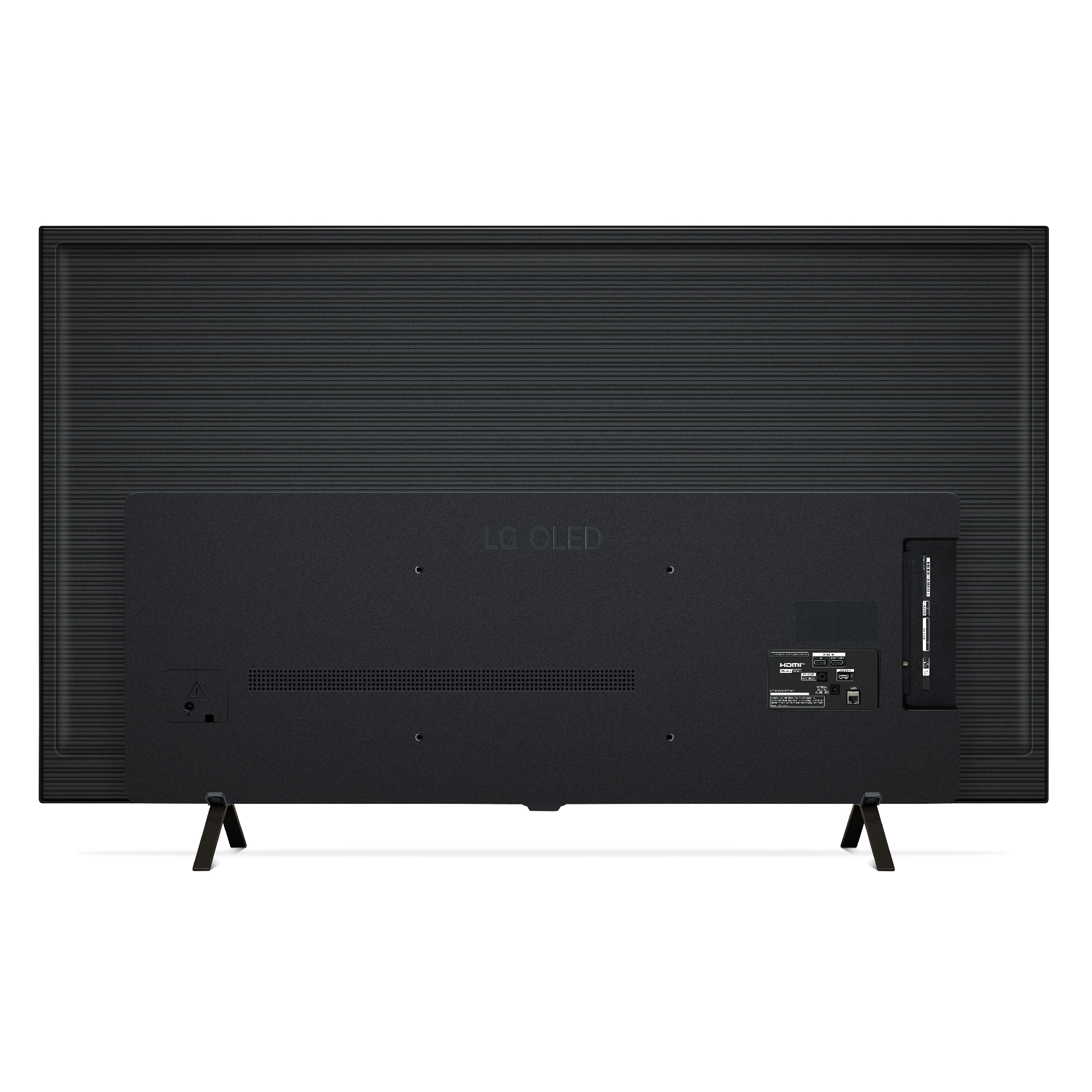 Parte trasera de un televisor negro con soporte sobre fondo blanco.