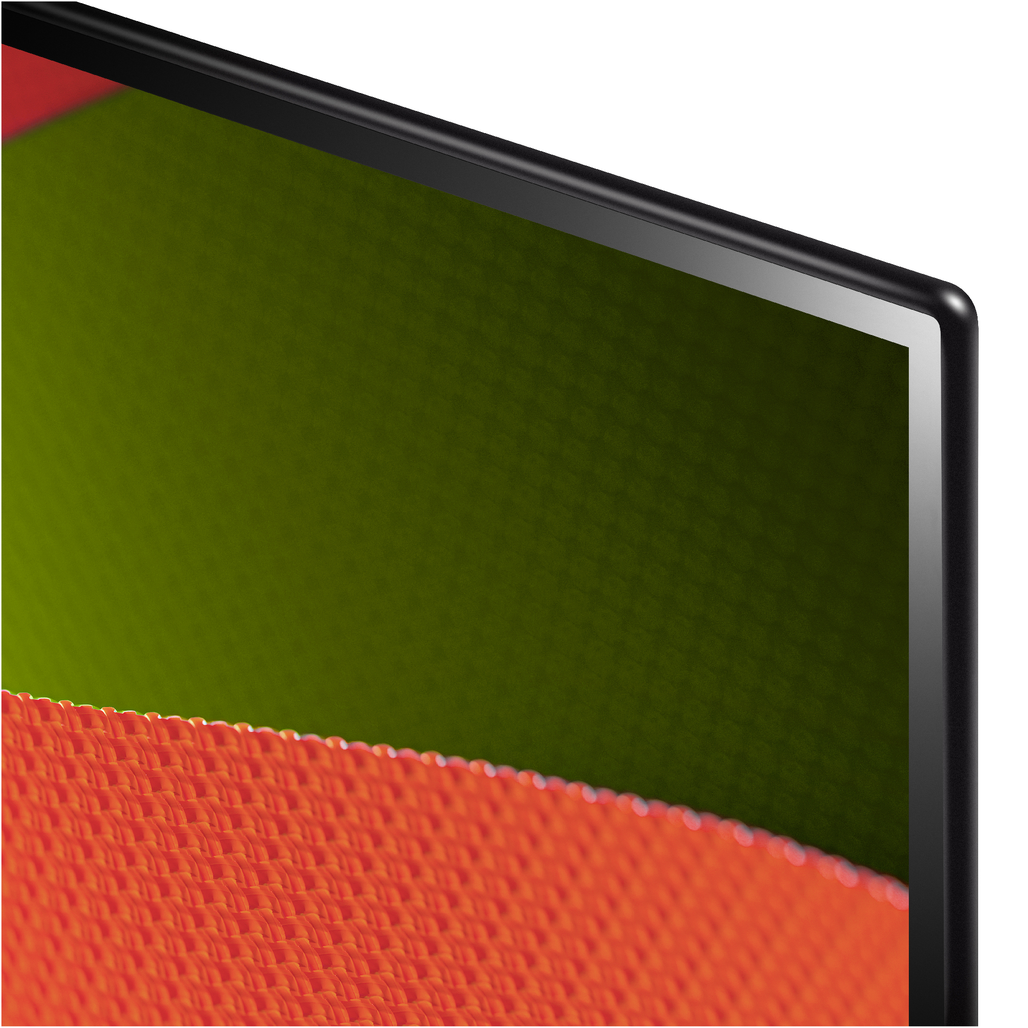 Primer plano de la esquina de la pantalla del televisor. Tejido rojo y naranja abajo. Fondo verde.