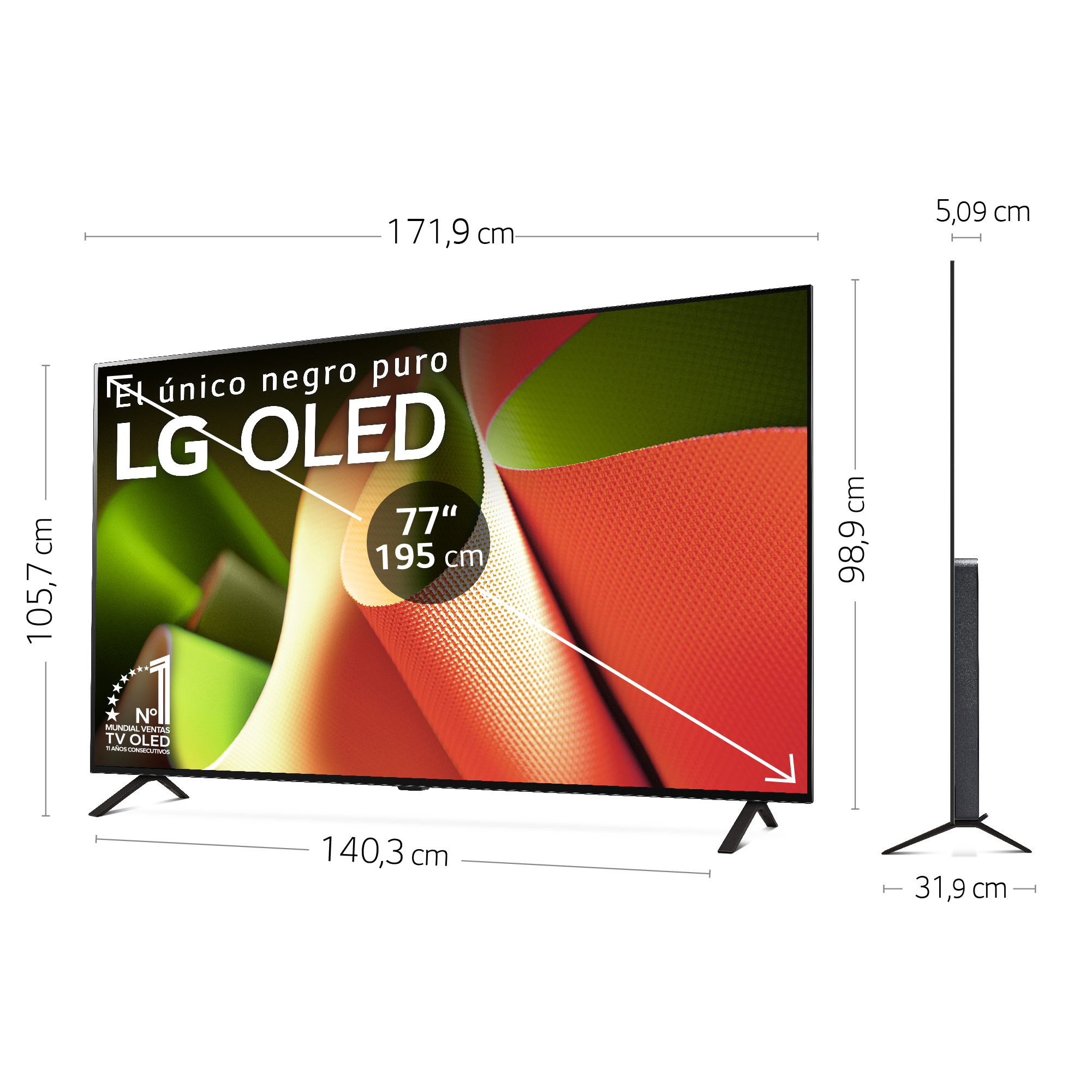 Televisor LG OLED grande con dimensiones mostradas.