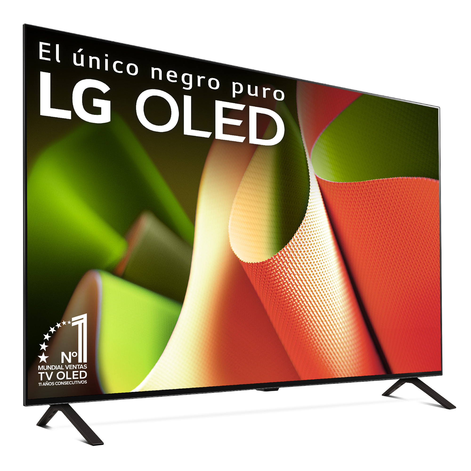 Televisor LG OLED con fondo abstracto y dos patas negras. Texto: 'El único negro puro' y 'LG OLED'.