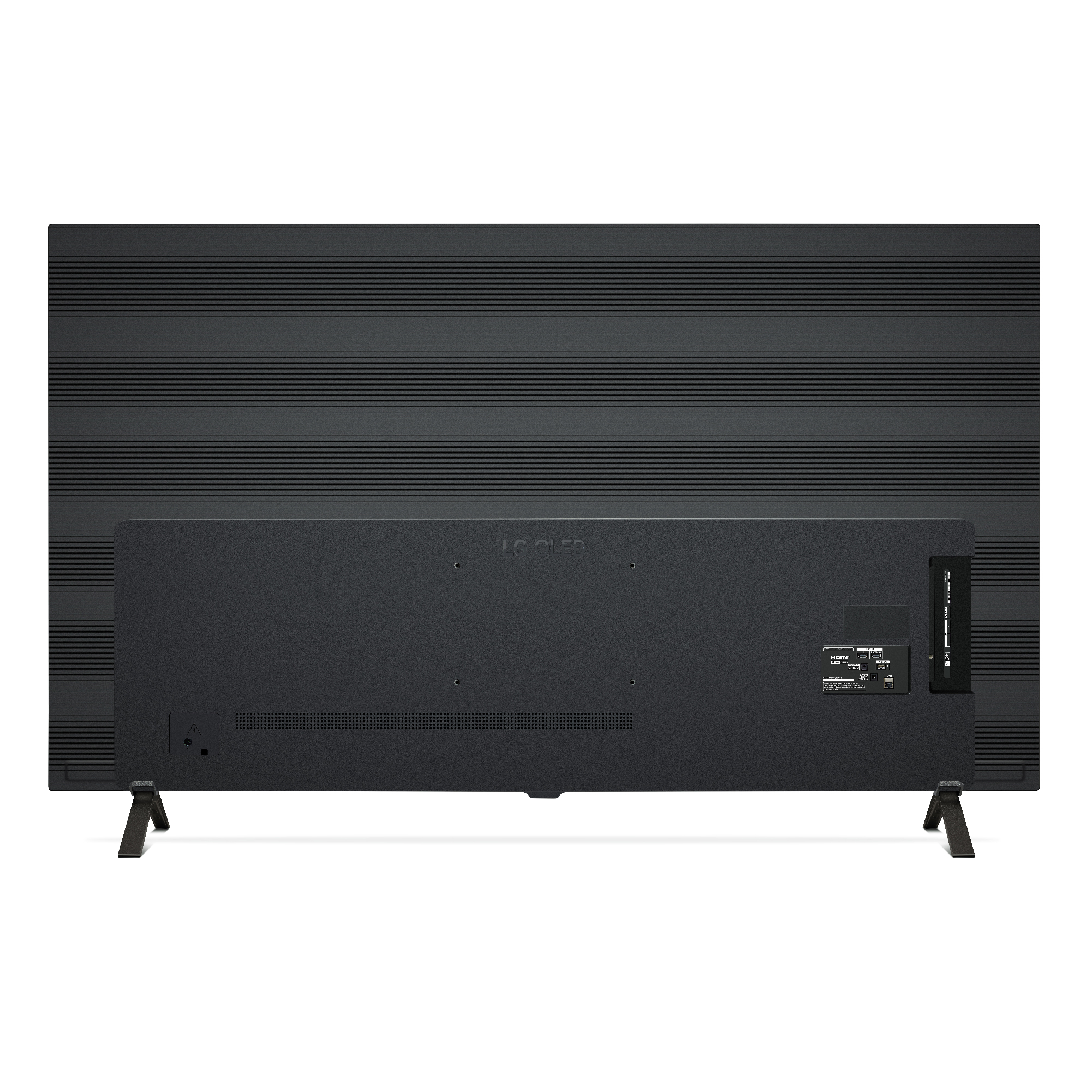 Parte trasera del televisor LG OLED negro, con conexiones, patas y logotipo LG OLED.