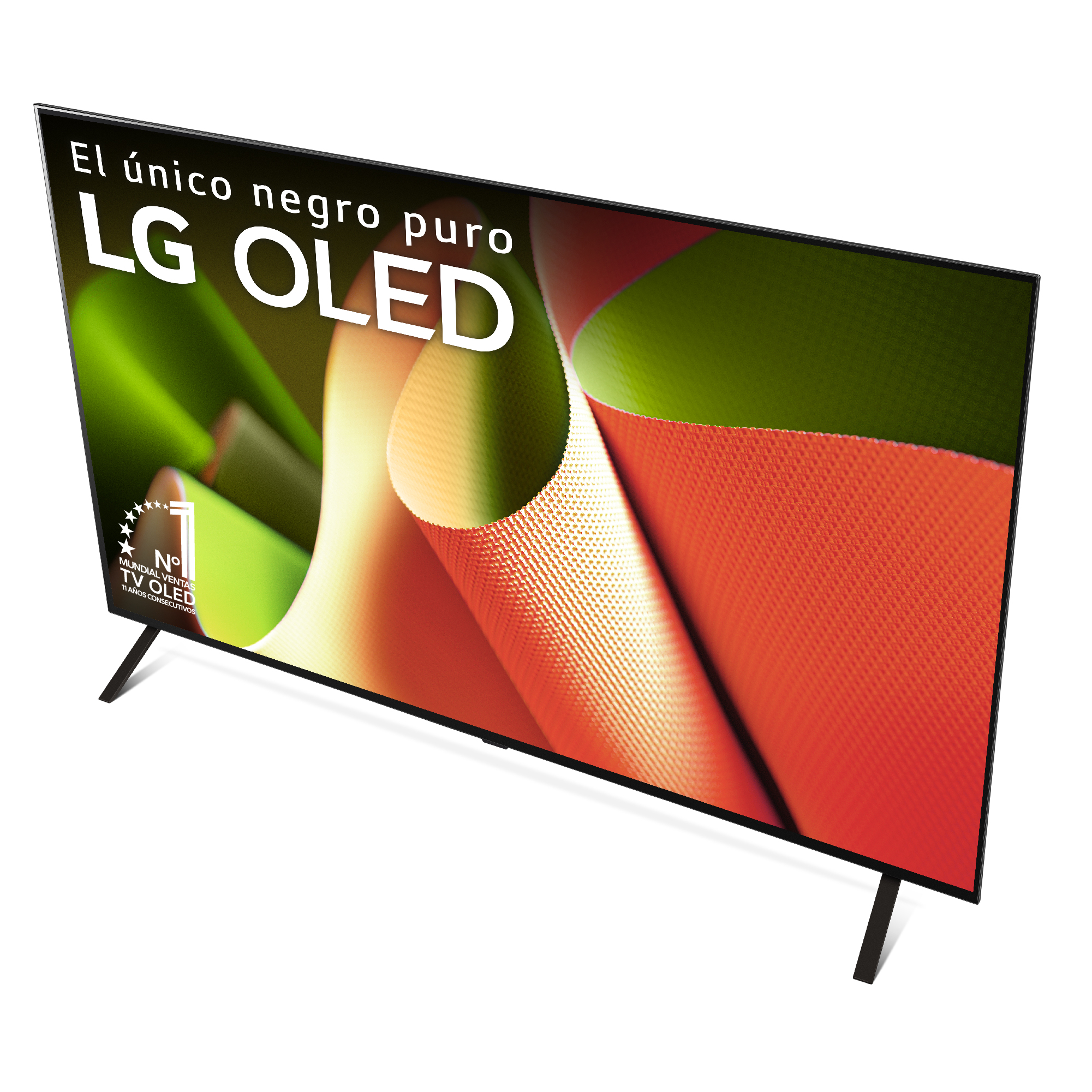 Televisor LG OLED con imagen abstracta colorida en la pantalla y soporte negro.