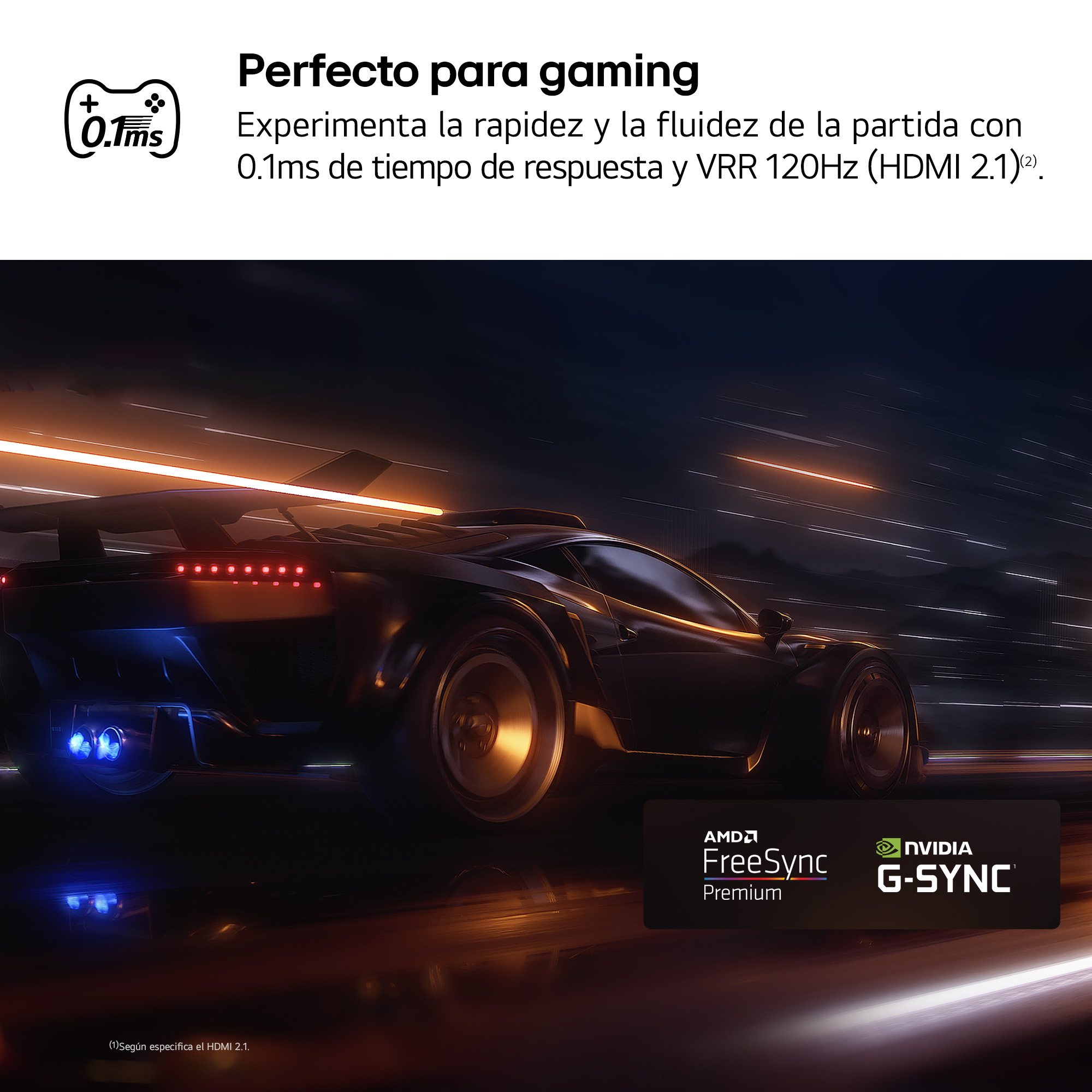 Imagen de un coche deportivo negro en una pista con líneas de velocidad, promocionando funciones de juego.