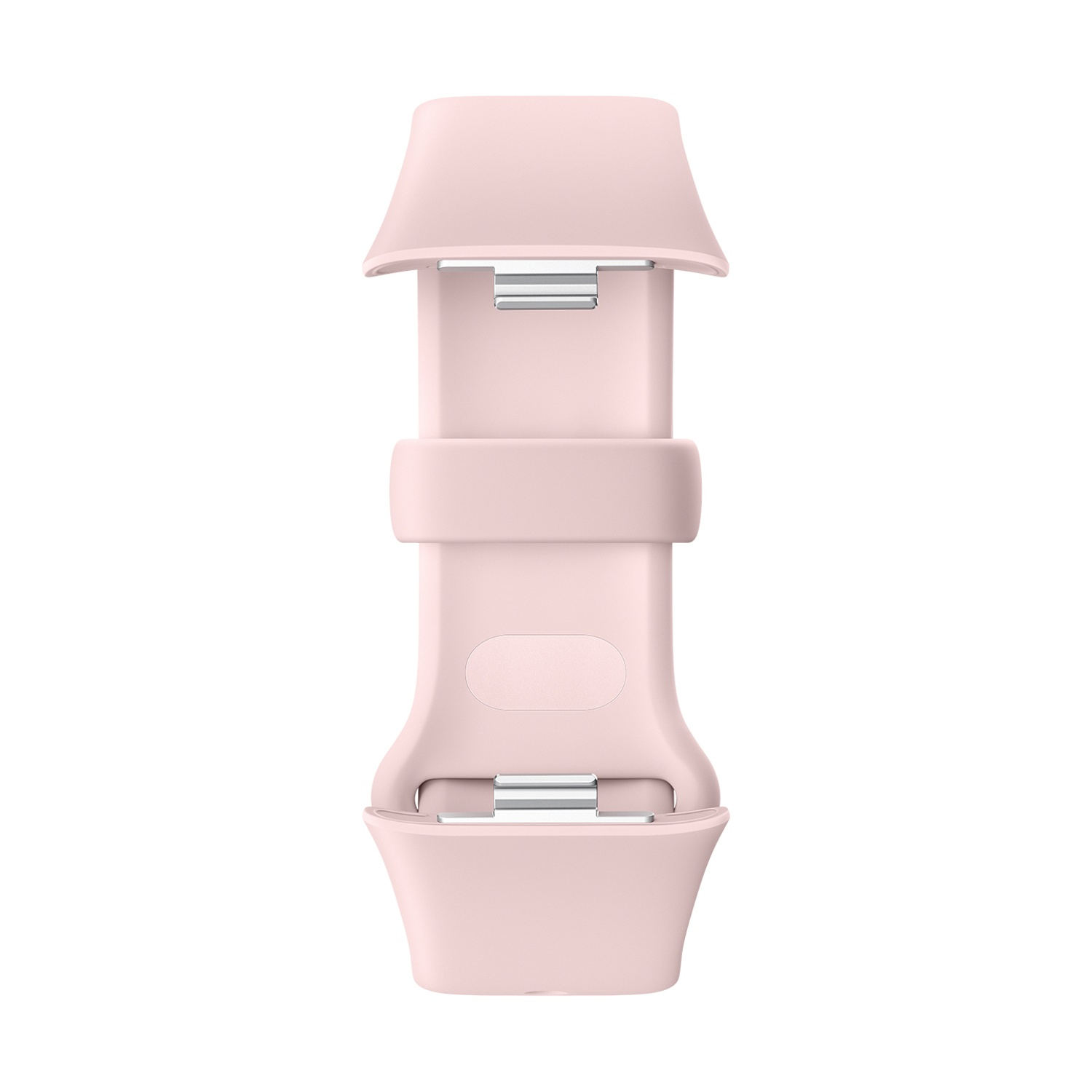 Cinturino per smartwatch rosa chiaro con design rettangolare e chiusure in metallo.