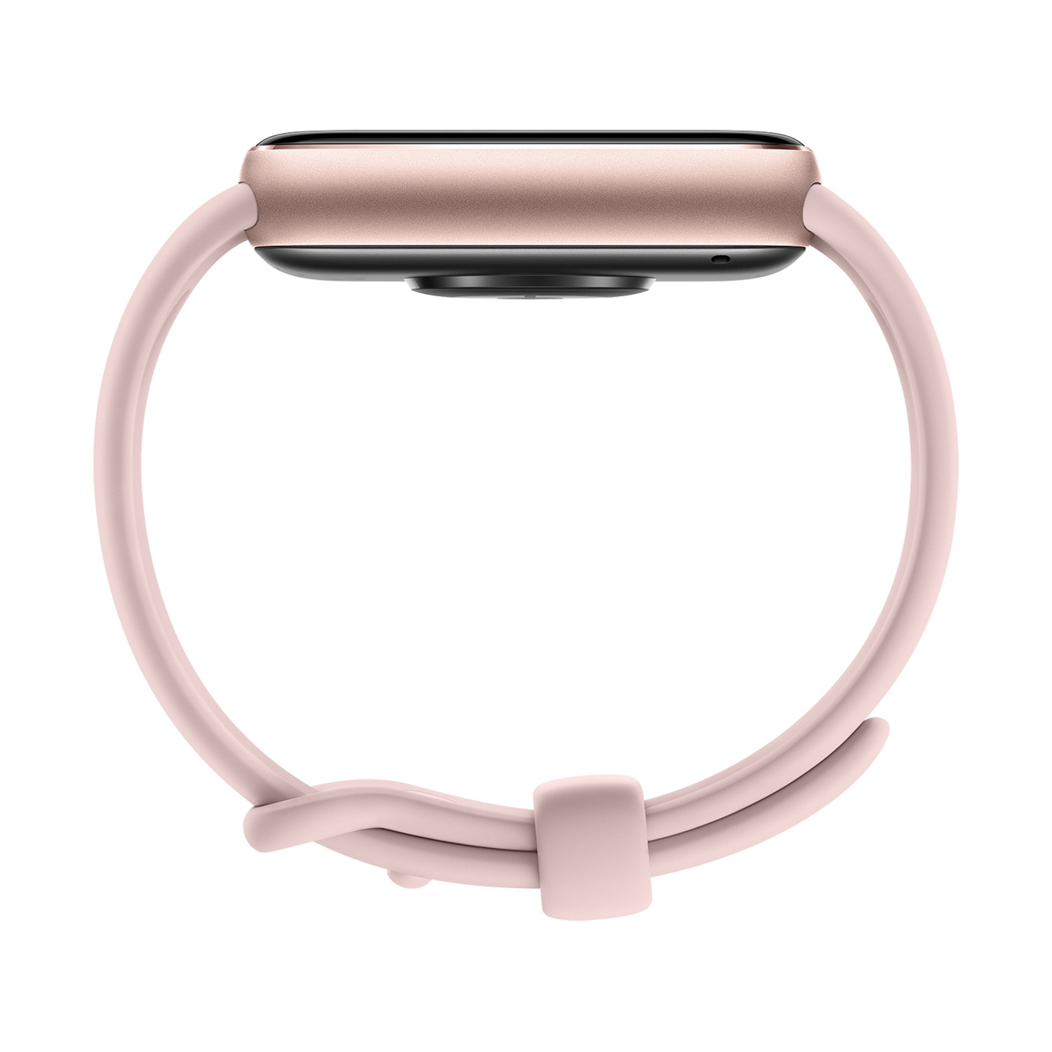 Smartwatch oro rosa con cinturino rosa, vista laterale. Il cinturino forma un anello attorno.