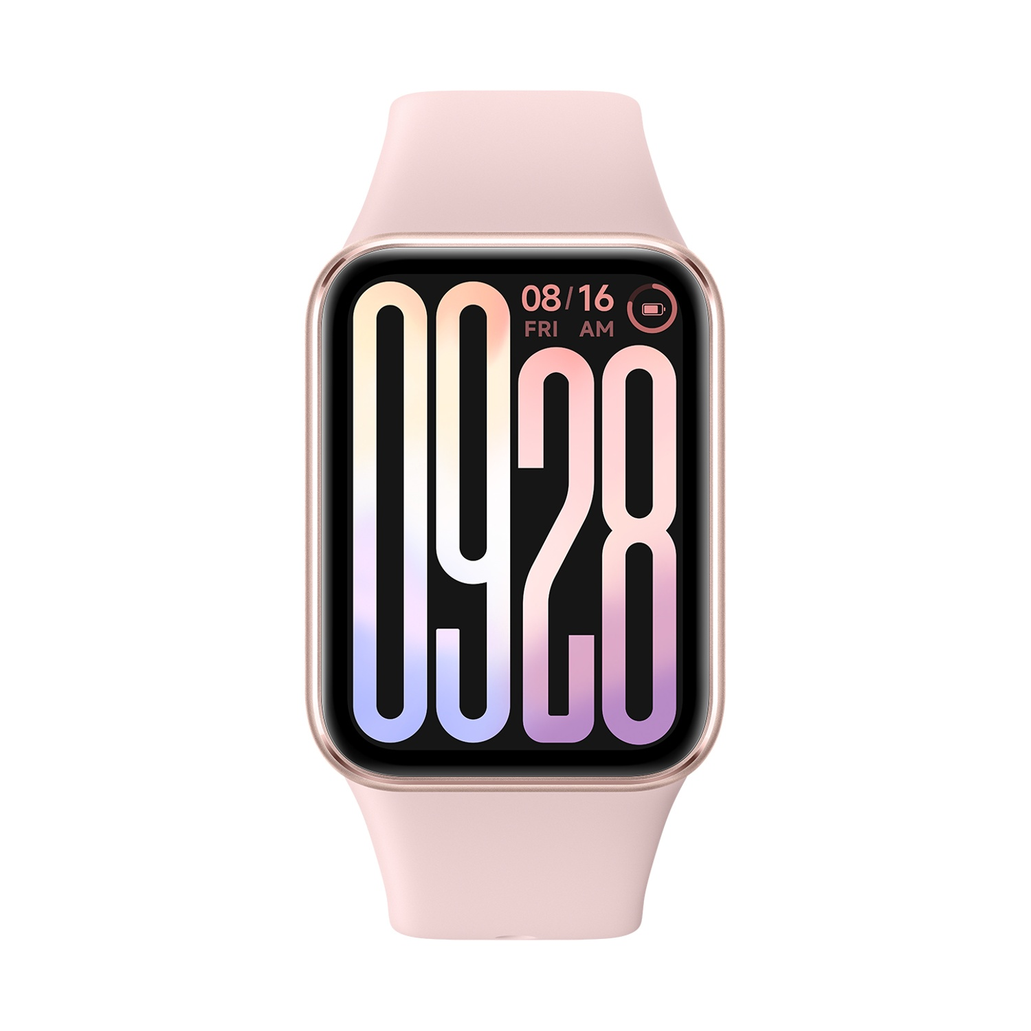 Smartwatch rosa con schermo rettangolare. Visualizza l'ora, la data e il livello della batteria.