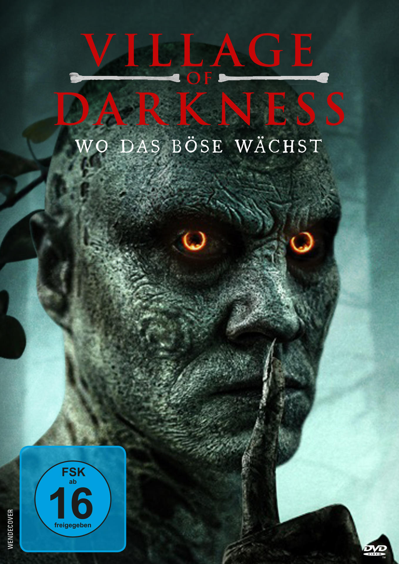 Filmcover, Zombiegesicht, Titel 'Village of Darkness' mit düsterem, unheimlichem Thema.