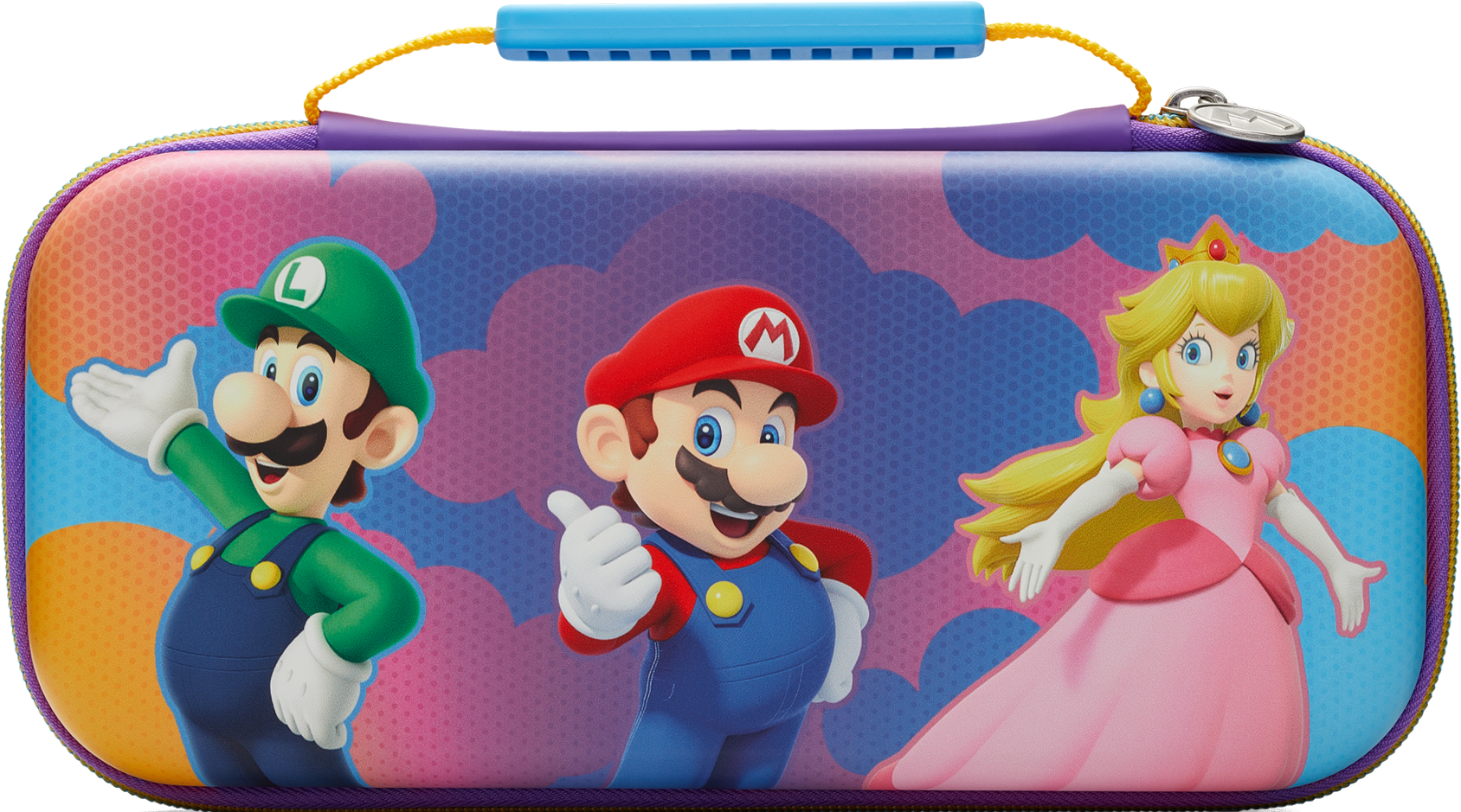 Nintendo Switch Hülle mit Mario, Luigi und Peach auf der Vorderseite, bunter Hintergrund.