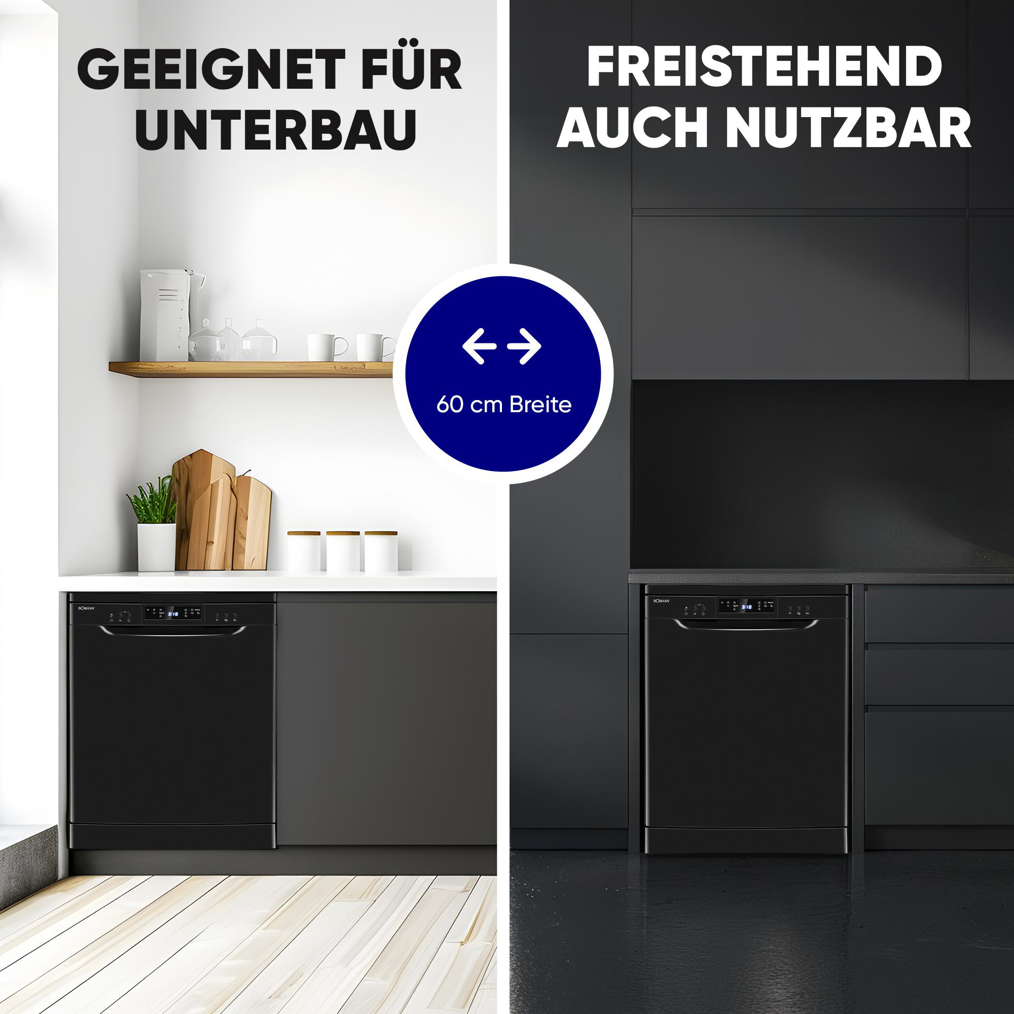 Schwarzer Geschirrspüler: unterbaufähig oder freistehend, 60 cm breit.