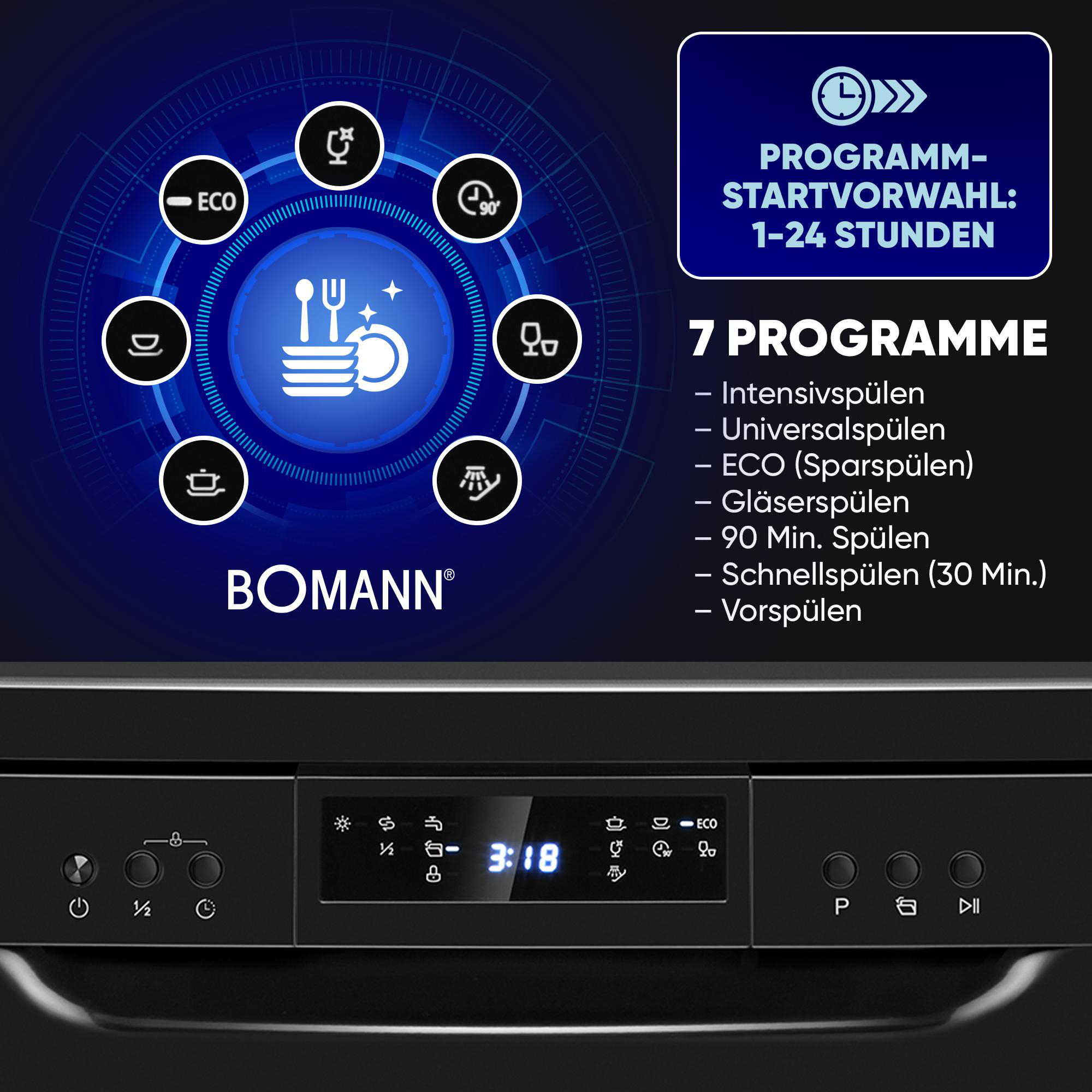 BOMANN Geschirrspüler mit 7 Programmen und Startvorwahl. Display zeigt 3:18.