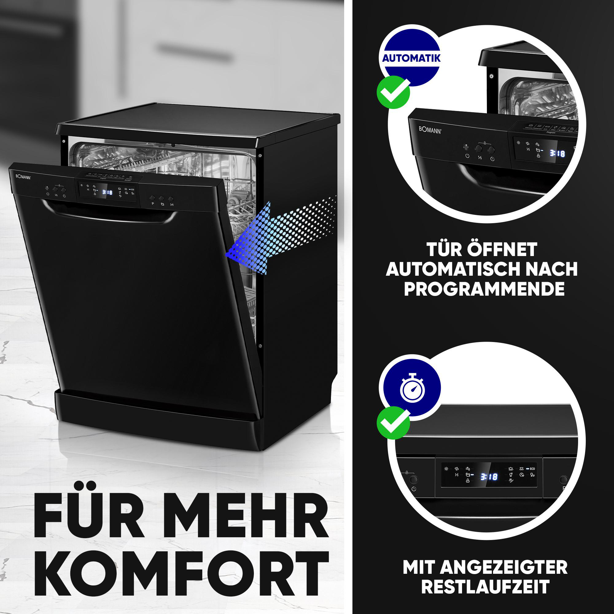 Schwarzer Geschirrspüler mit offener Tür, Anzeige "3:18" und Text über Automatik.