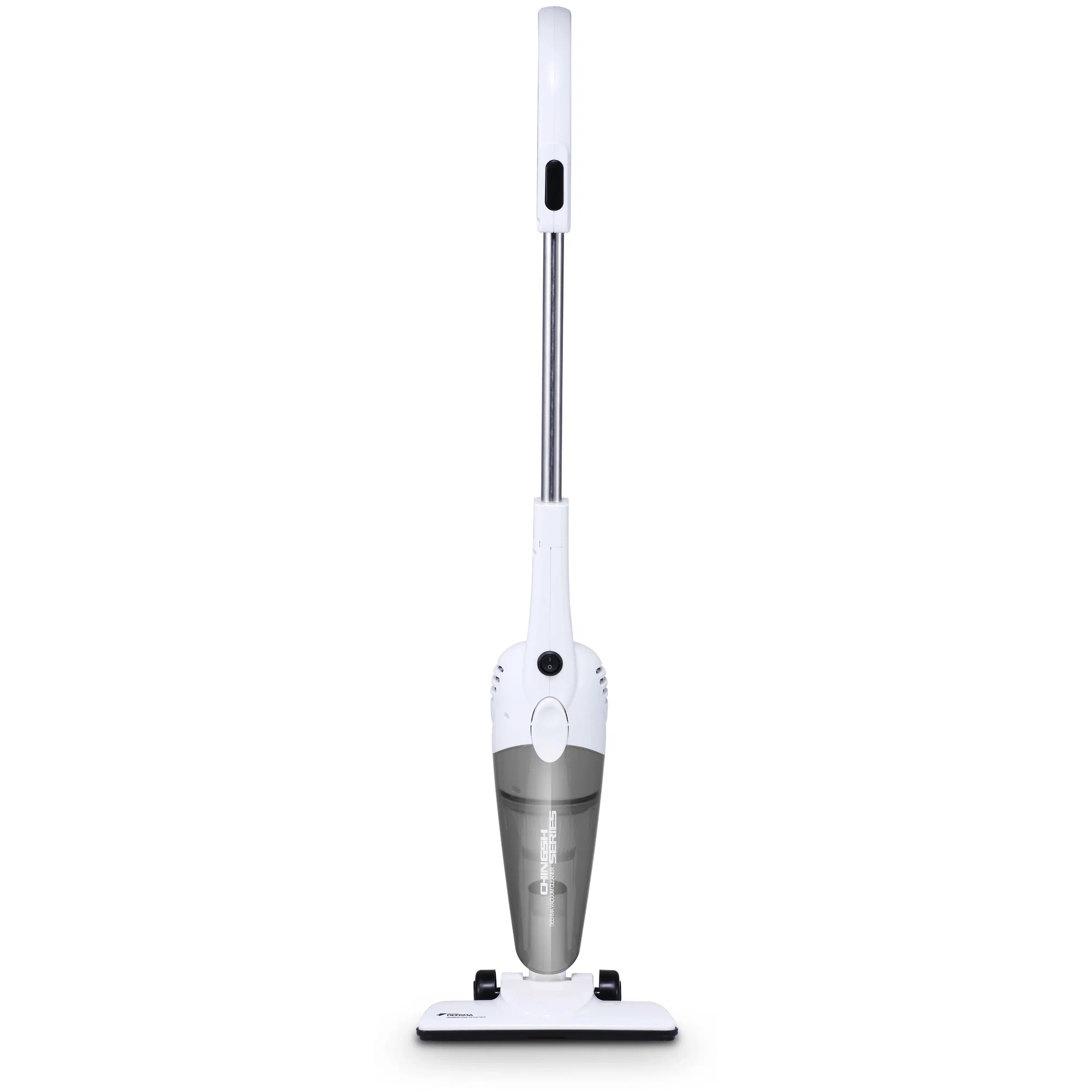 Biały odkurzacz pionowy stojący na białej powierzchni. Odkurzacz ma szary pojemnik.