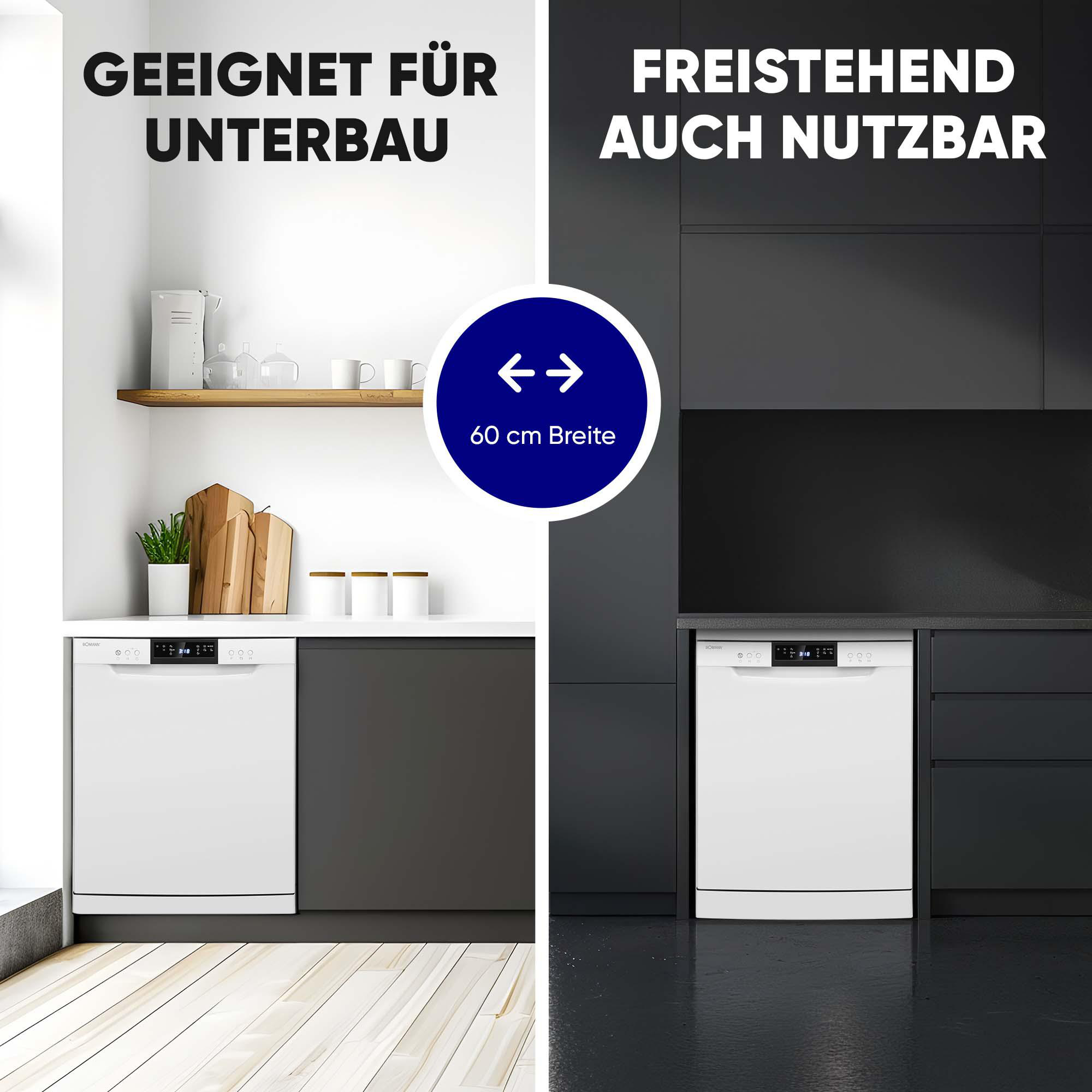 Eine Küche mit zwei Geschirrspüleroptionen. Einer ist unter der Theke, der andere freistehend. Ein Kreis zeigt 60 cm Breite.