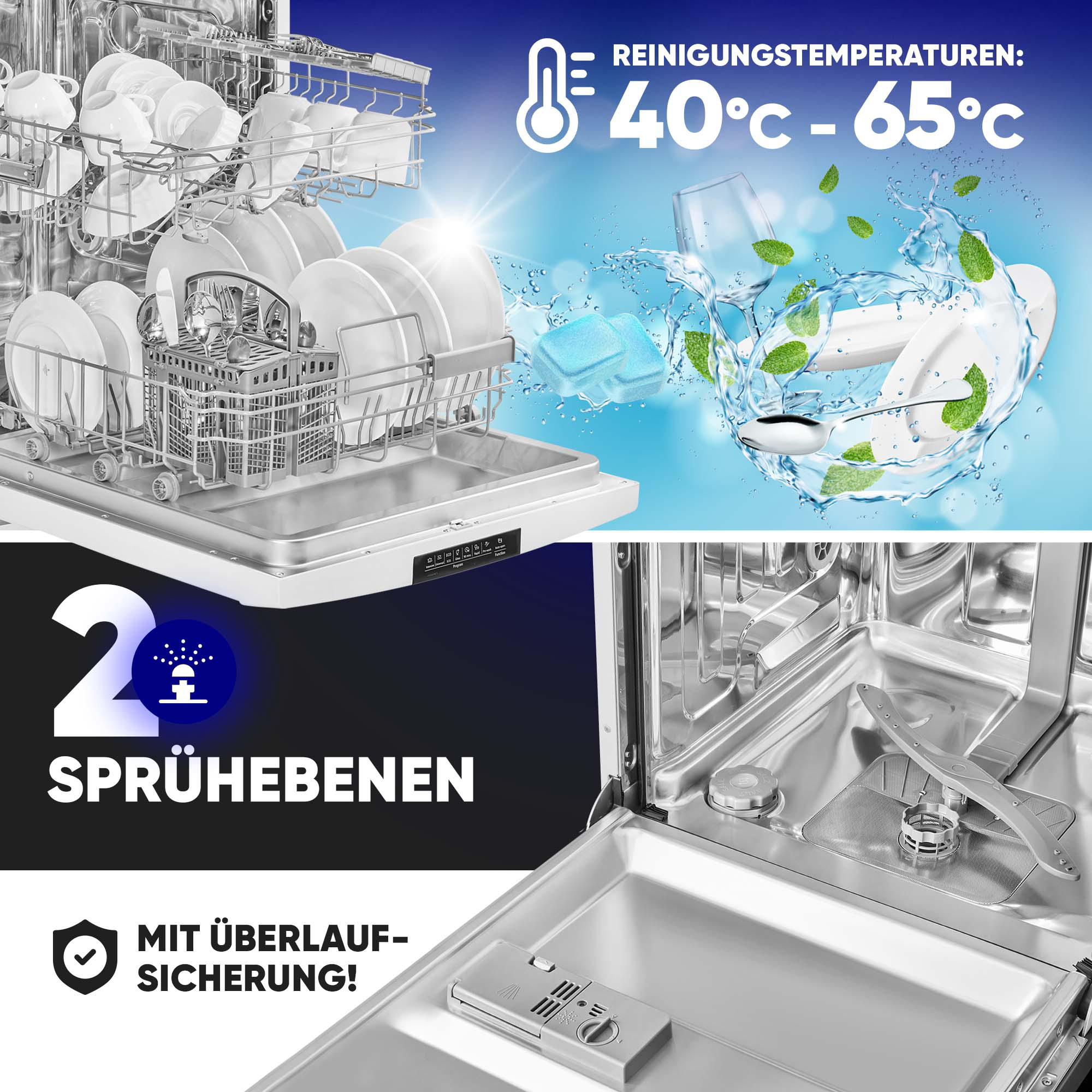 Geschirrspüler-Innenraum mit Geschirr, Temperatur-Grafik, Text zu Sprühebenen und Überlaufschutz.