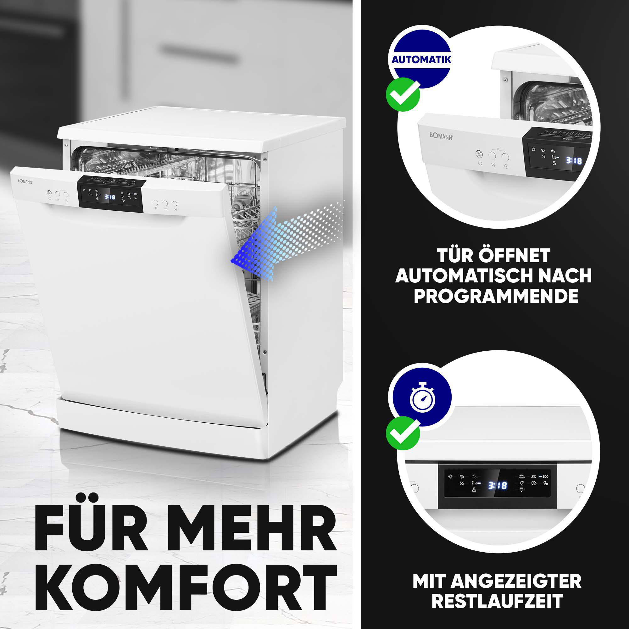 Eine weiße Spülmaschine mit offener Tür. Texte beschreiben automatisches Türöffnen und Restlaufzeit.
