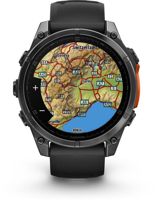 Egy Garmin okosóra Svájc és a környező területek térképét mutatja. Az óra fekete.
