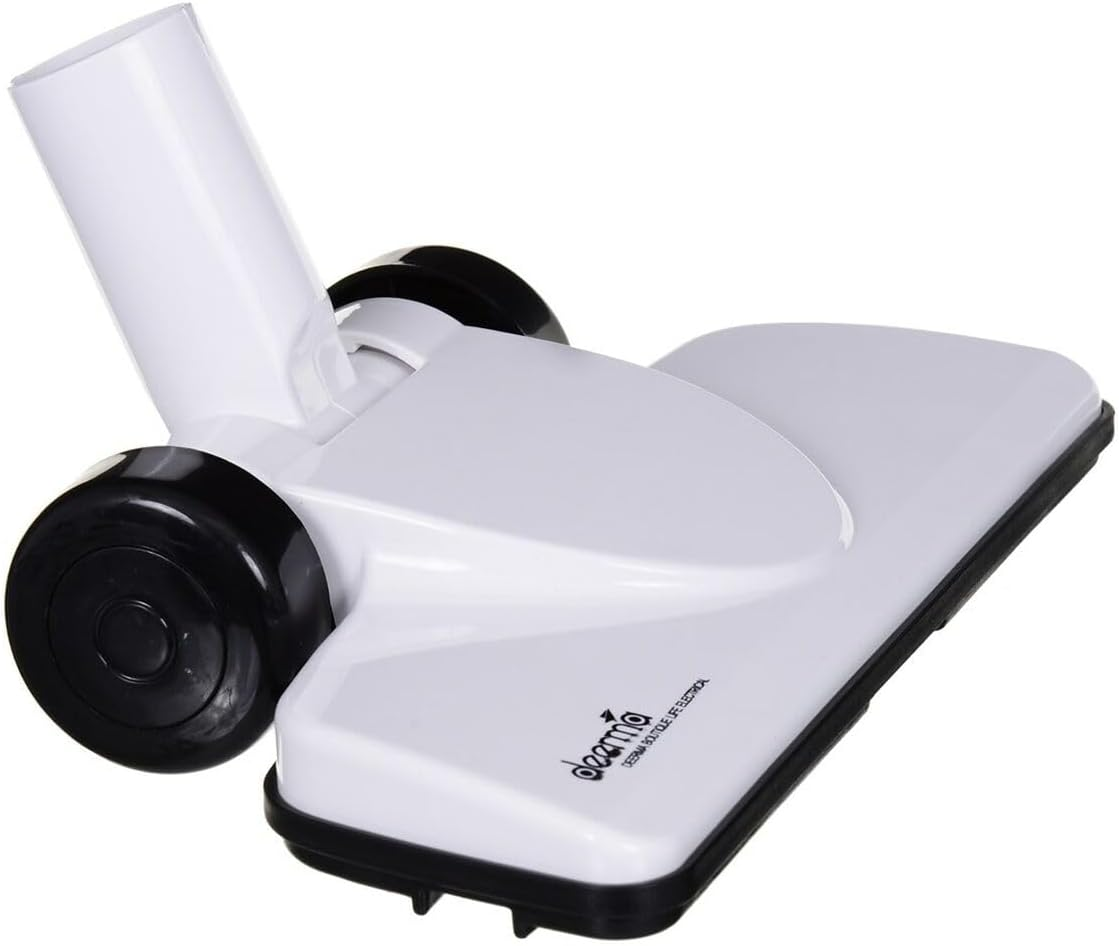 Biała głowica odkurzacza z czarnymi kołami, pochylona w lewo na białym tle.