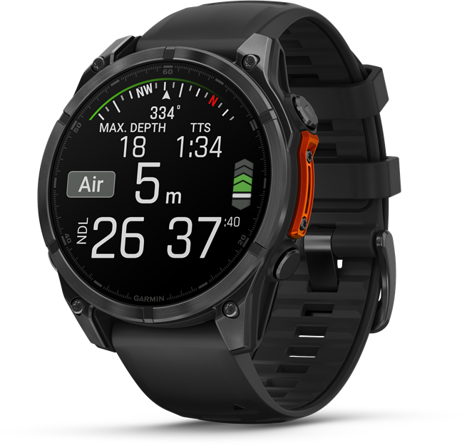 Fekete Garmin búváróra, amely a merülési metrikákat mutatja: mélység, idő és maradék levegő.