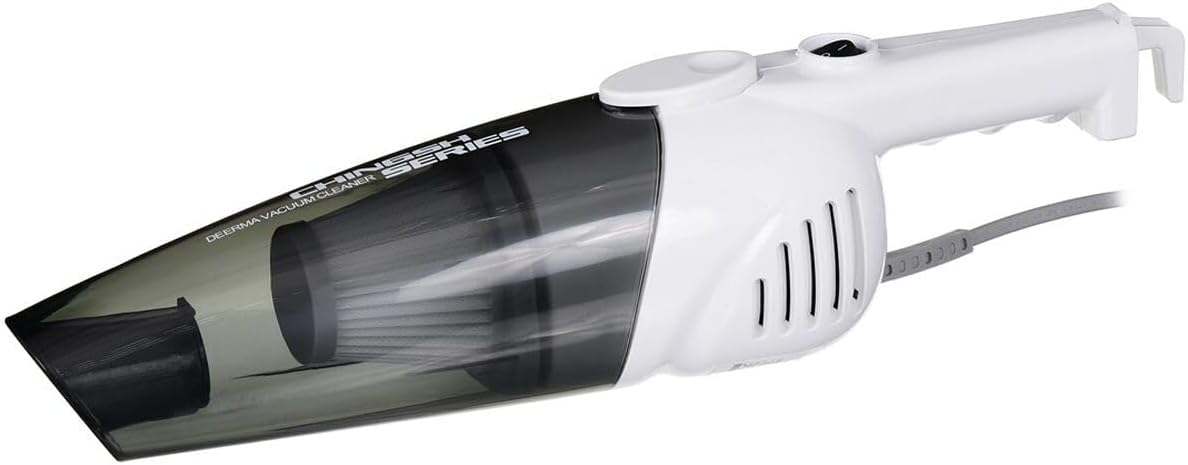 Biało-czarny odkurzacz ręczny. Ma przezroczysty pojemnik na kurz.