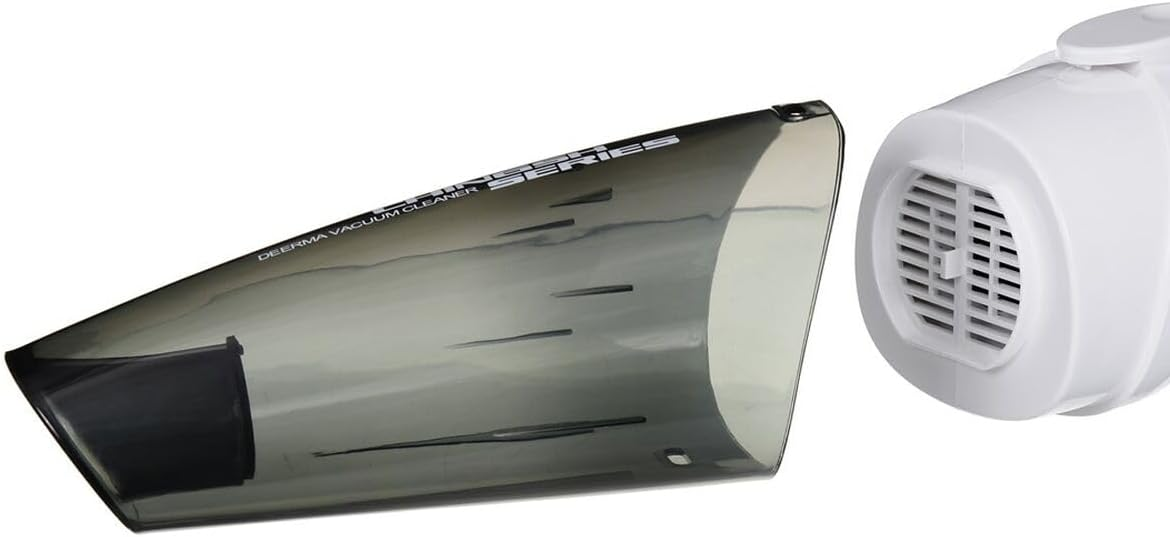 Części odkurzacza, kątowa dysza i obudowa silnika. Białe tło, czarne i szare elementy.