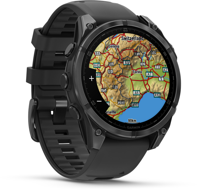 Fekete Garmin okosóra, amely Svájc térképét mutatja. Az óra fekete szíjjal rendelkezik.