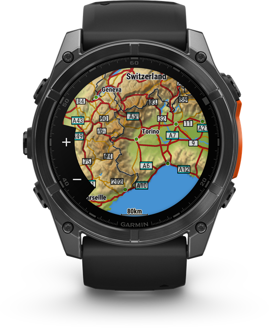 Garmin okosóra, Olaszország és a környező régiók térképével.