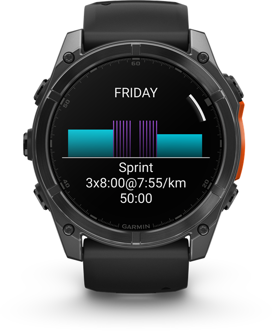 Fekete Garmin okosóra pénteki adatokkal, idővel, statisztikákkal és edzéstervvel.