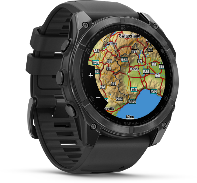 Fekete Garmin okosóra térképpel, fekete felületen.
