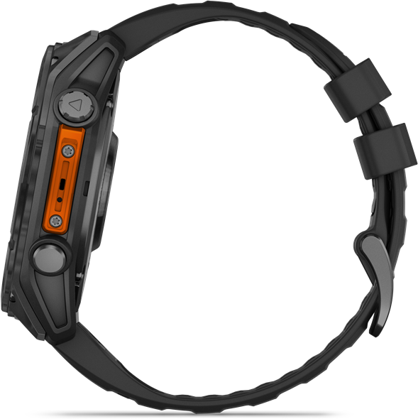 Egy fekete Garmin okosóra narancssárga díszítéssel és fekete szíjjal, oldalnézetből.