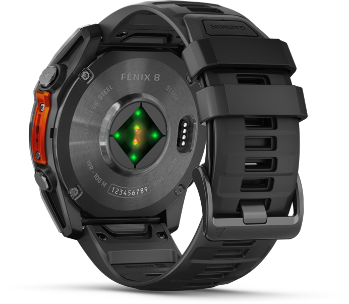 A fekete Garmin Fenix 8 okosóra hátulnézete gombokkal és pulzusmérővel.