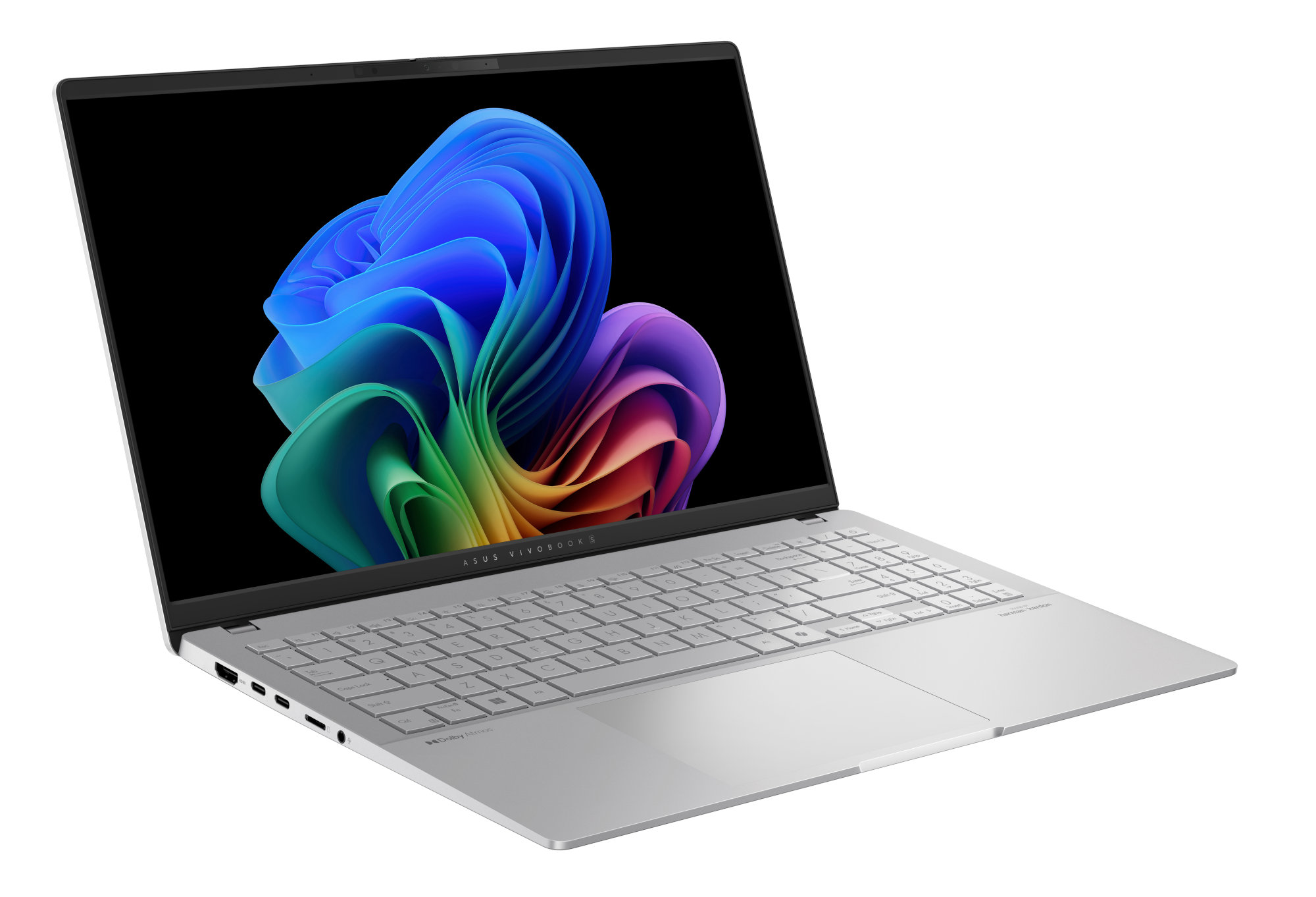 Srebrny laptop z kolorowym wyświetlaczem i jasną klawiaturą.