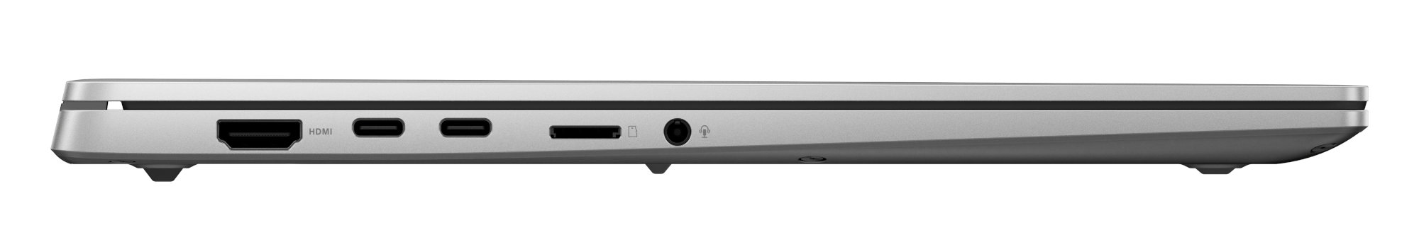 Widok z boku srebrnego laptopa z portami: HDMI, USB-C, USB i gniazdo słuchawkowe.
