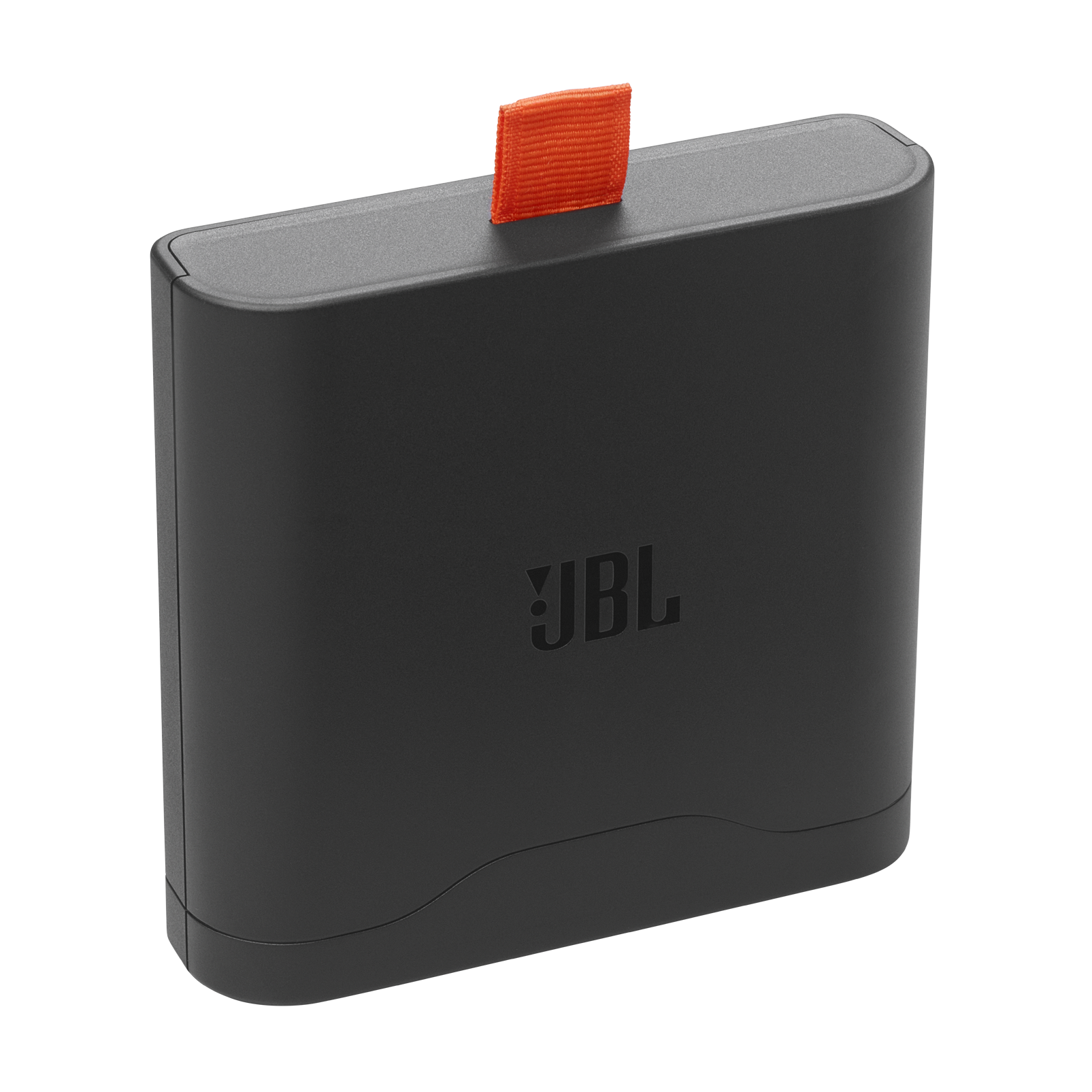 Turuncu çekme şeritli siyah JBL kutusu. Ortada JBL logosu.