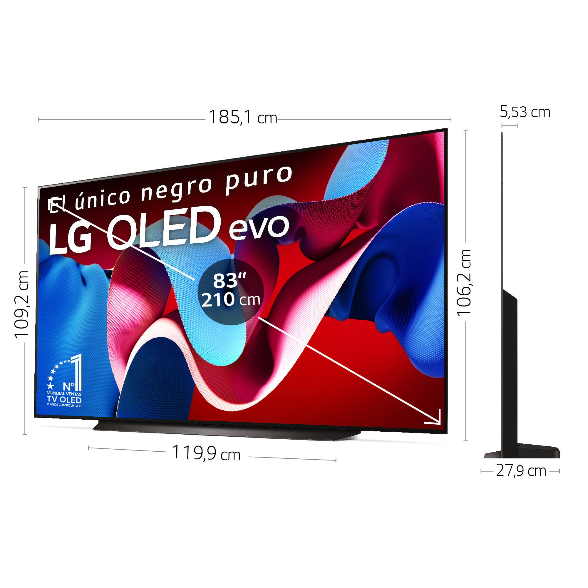 Televisor OLED grande con dimensiones, texto y logotipos. Marco y soporte negros.