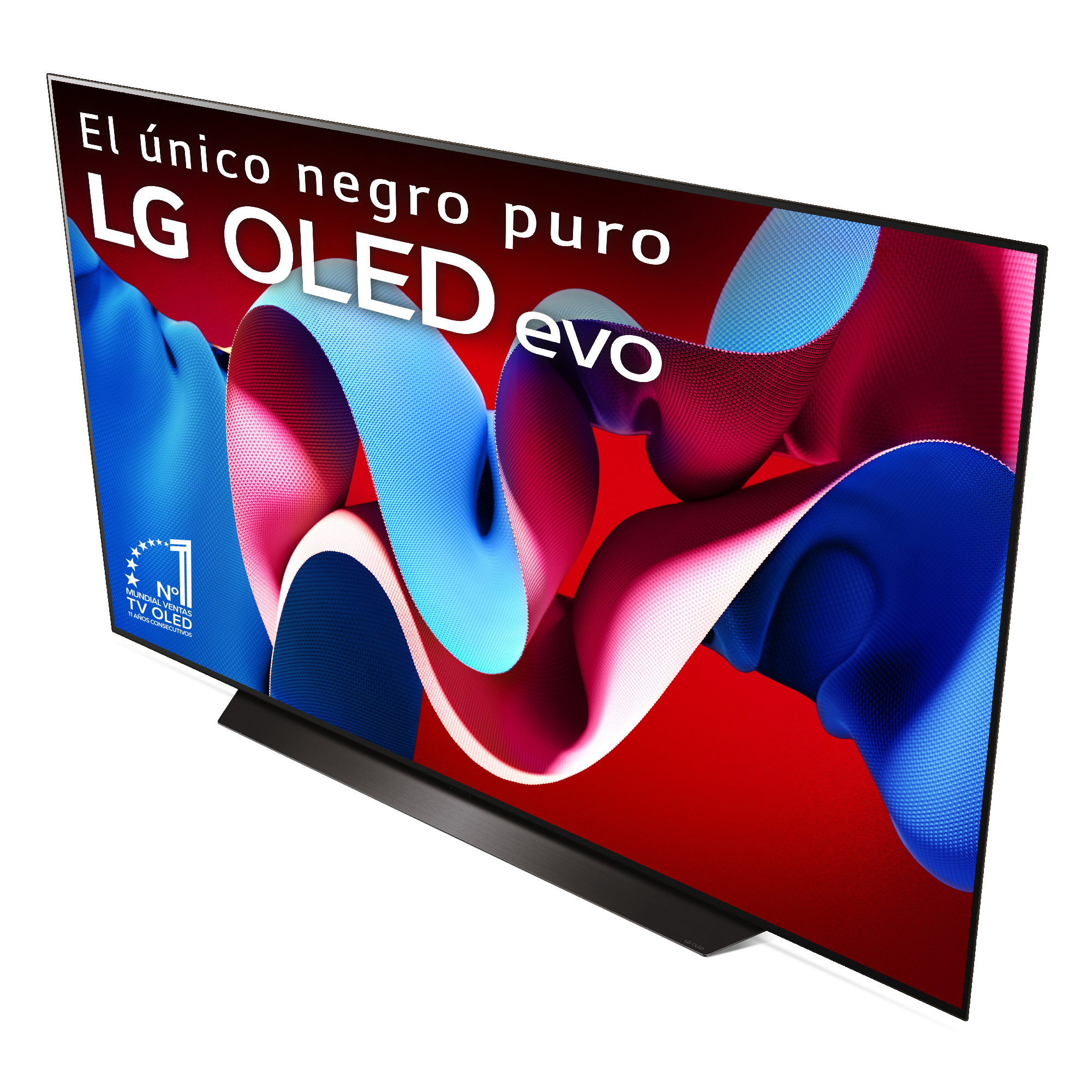 Un televisor LG OLED evo negro, mostrando una pantalla vibrante con un soporte negro.