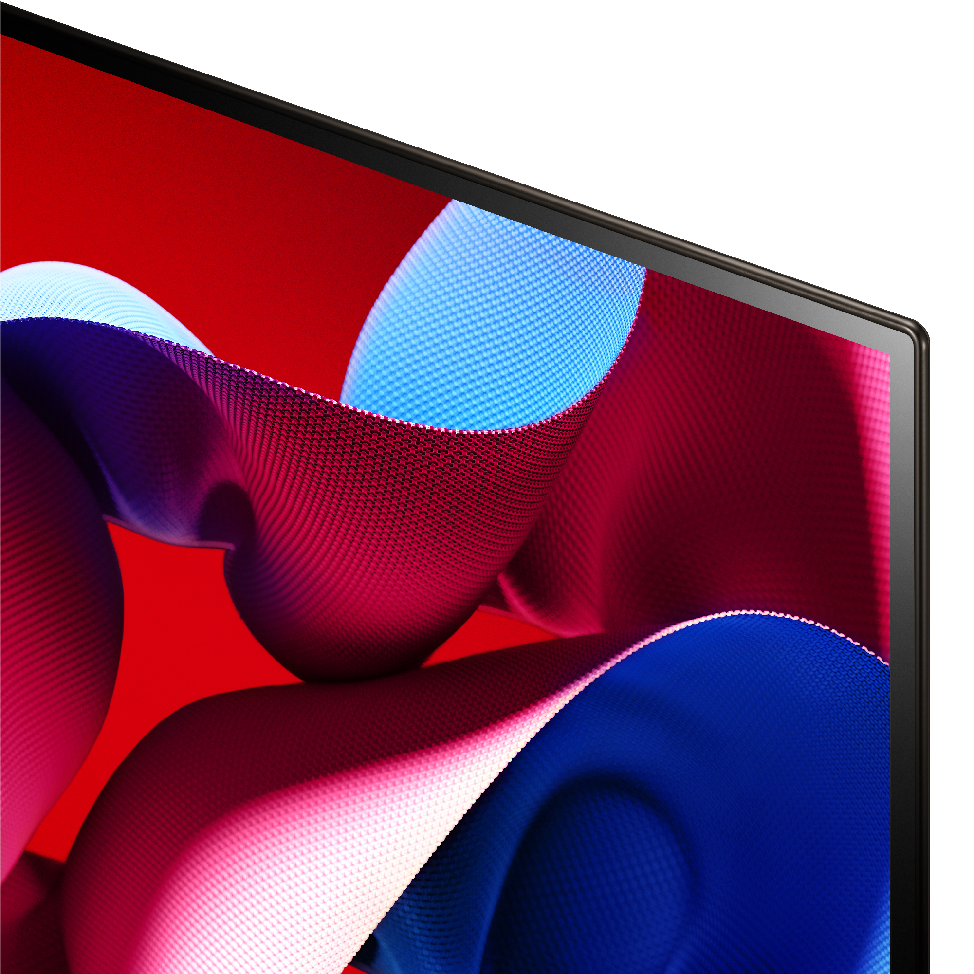 Primer plano de una pantalla curva. Muestra formas abstractas rojas, azules y rosas. Borde negro.