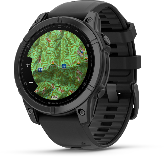 Egy fekete Garmin okosóra, részletes topográfiai térképet mutat.