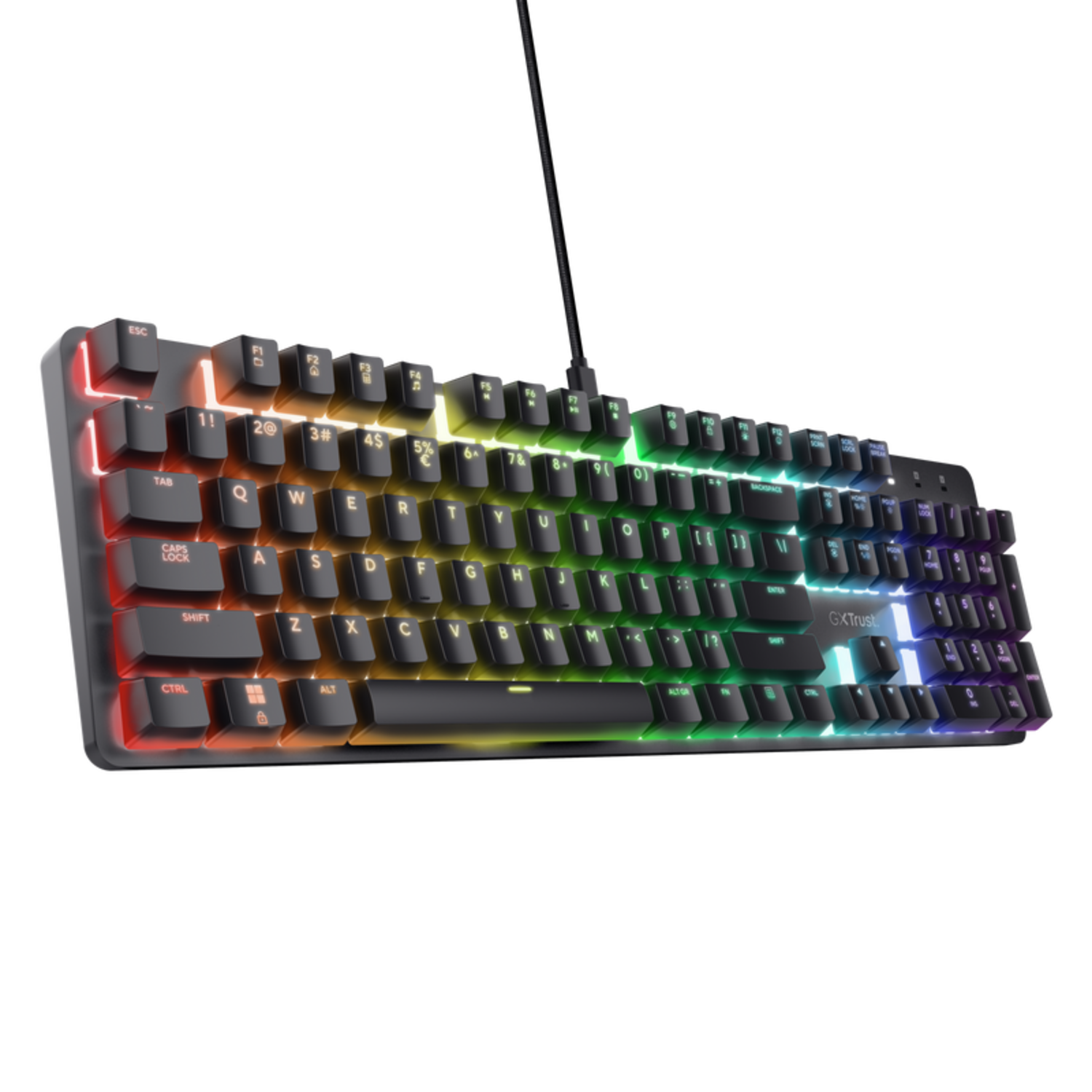 RGB-toetsenbord, zwart met veelkleurige toetsen en een USB-kabel.
