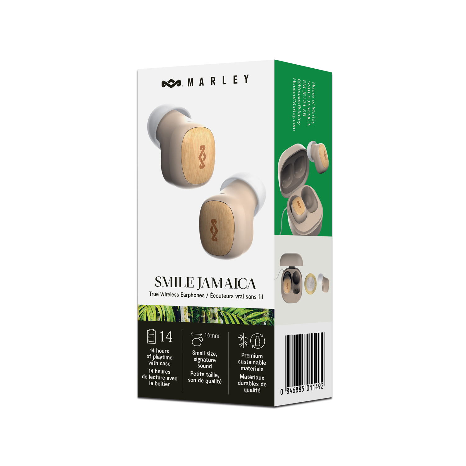 Une boîte d'écouteurs sans fil Marley Smile Jamaica. La boîte montre les écouteurs et les spécifications.